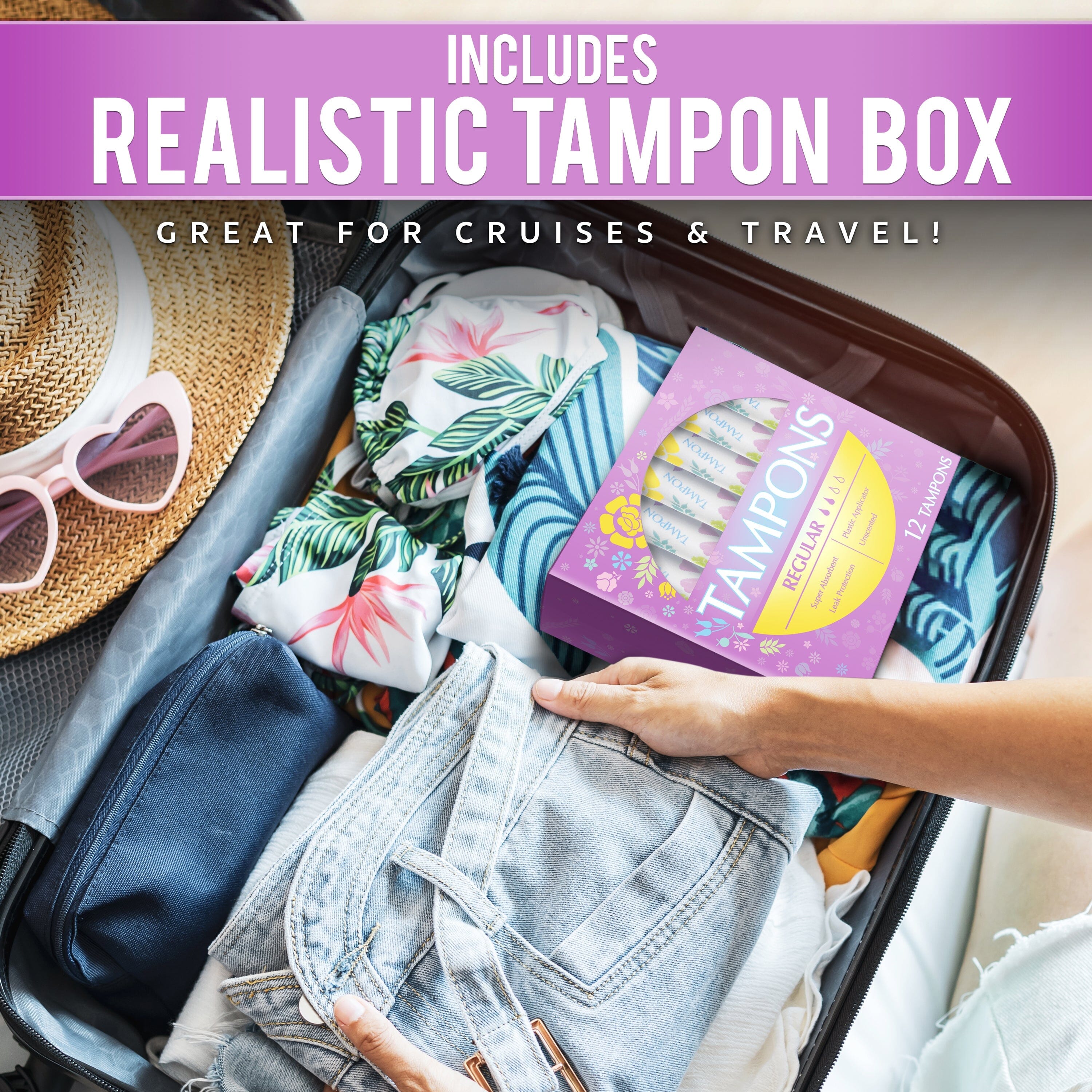 a woman packing her suitcase with the words, 'includes realistic tampon box great for cruises and travel'