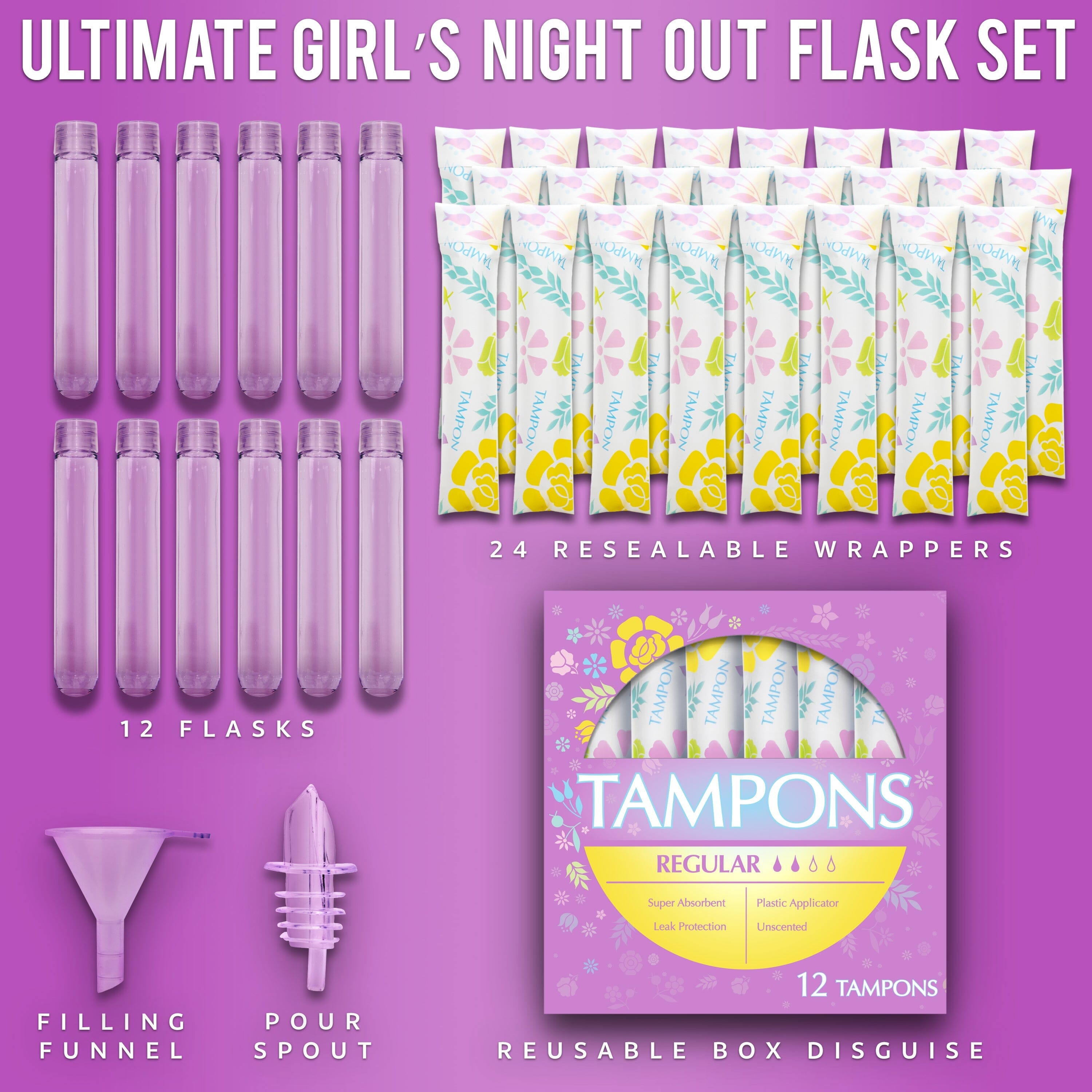 12 flasks 24 resealable wrappers reusable box disguise funnel spout words display 'ultimate girls night out flask set'