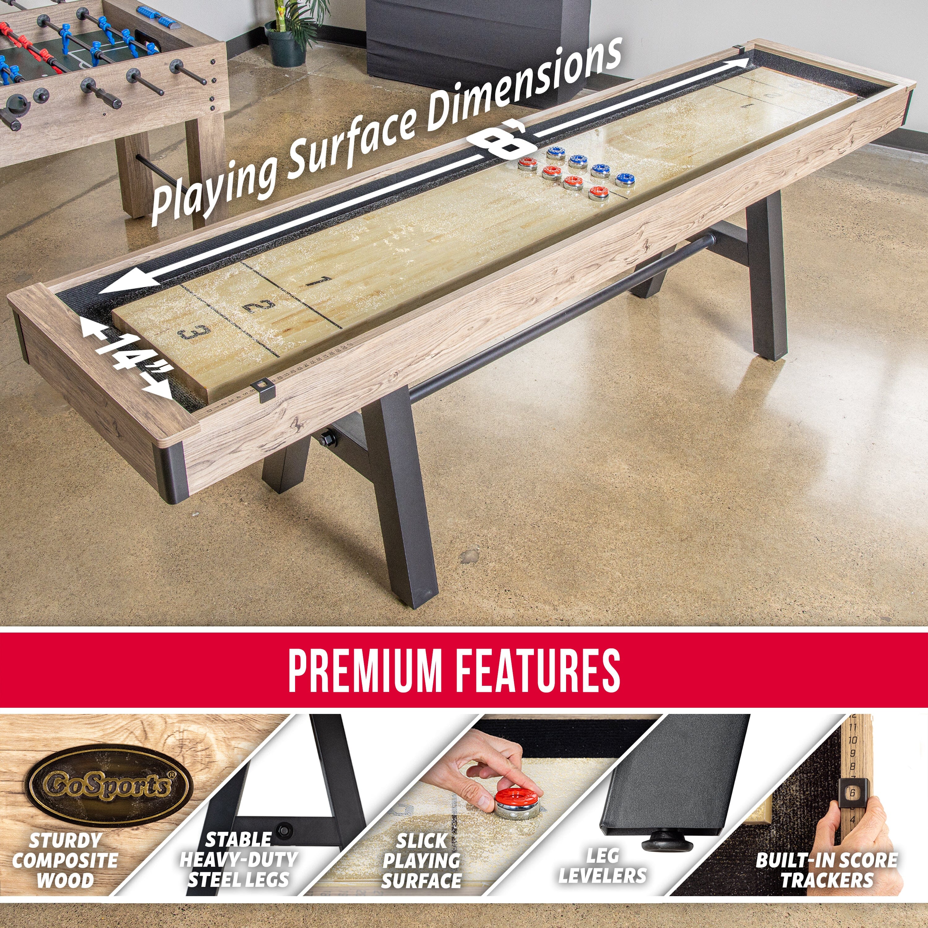 GoSports Premium 9 ft Shuffleboard Table with 8 Pucks, Shuffleboard Wax, and Brush GoSports 