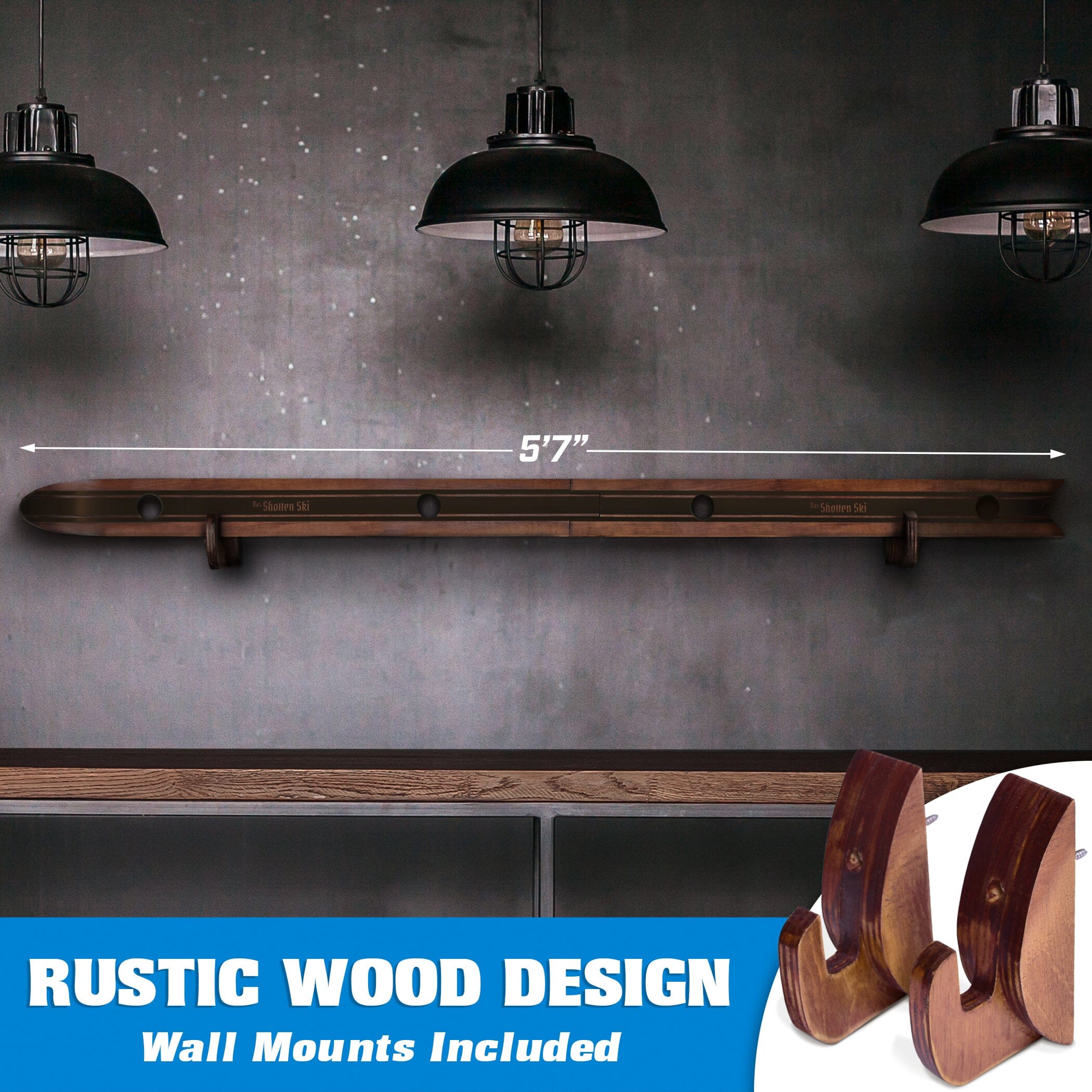 a wooden shelf with three lights hanging above it