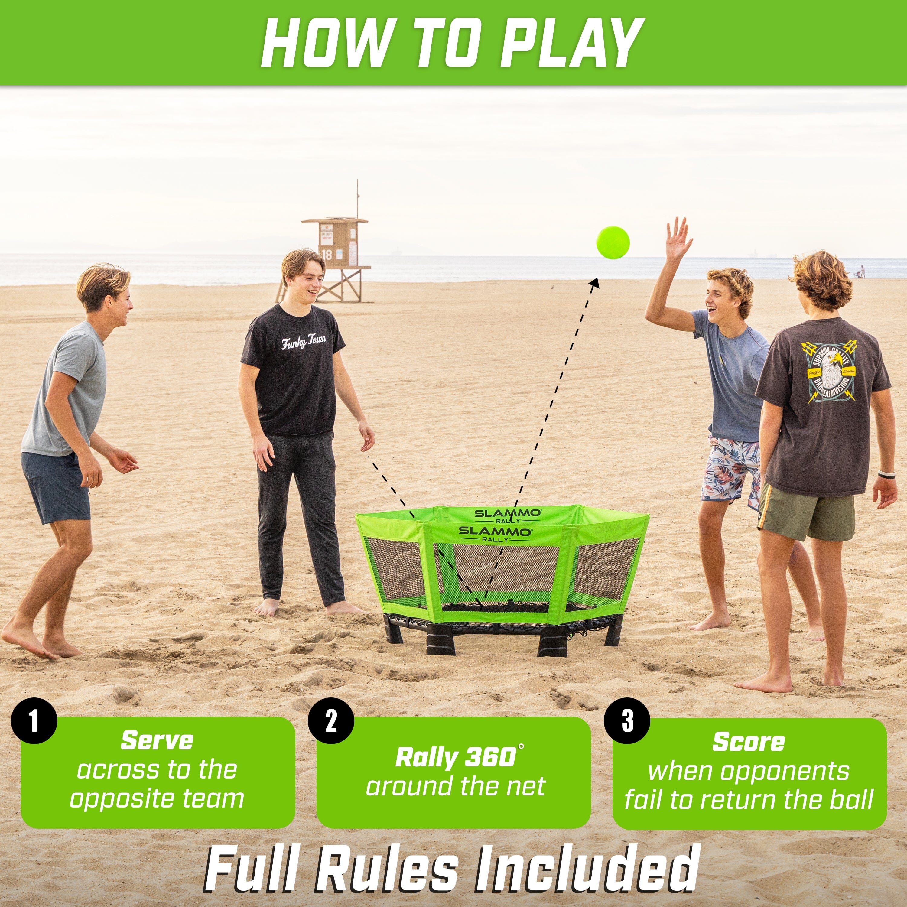 a group of people playing with a green ball on the beach