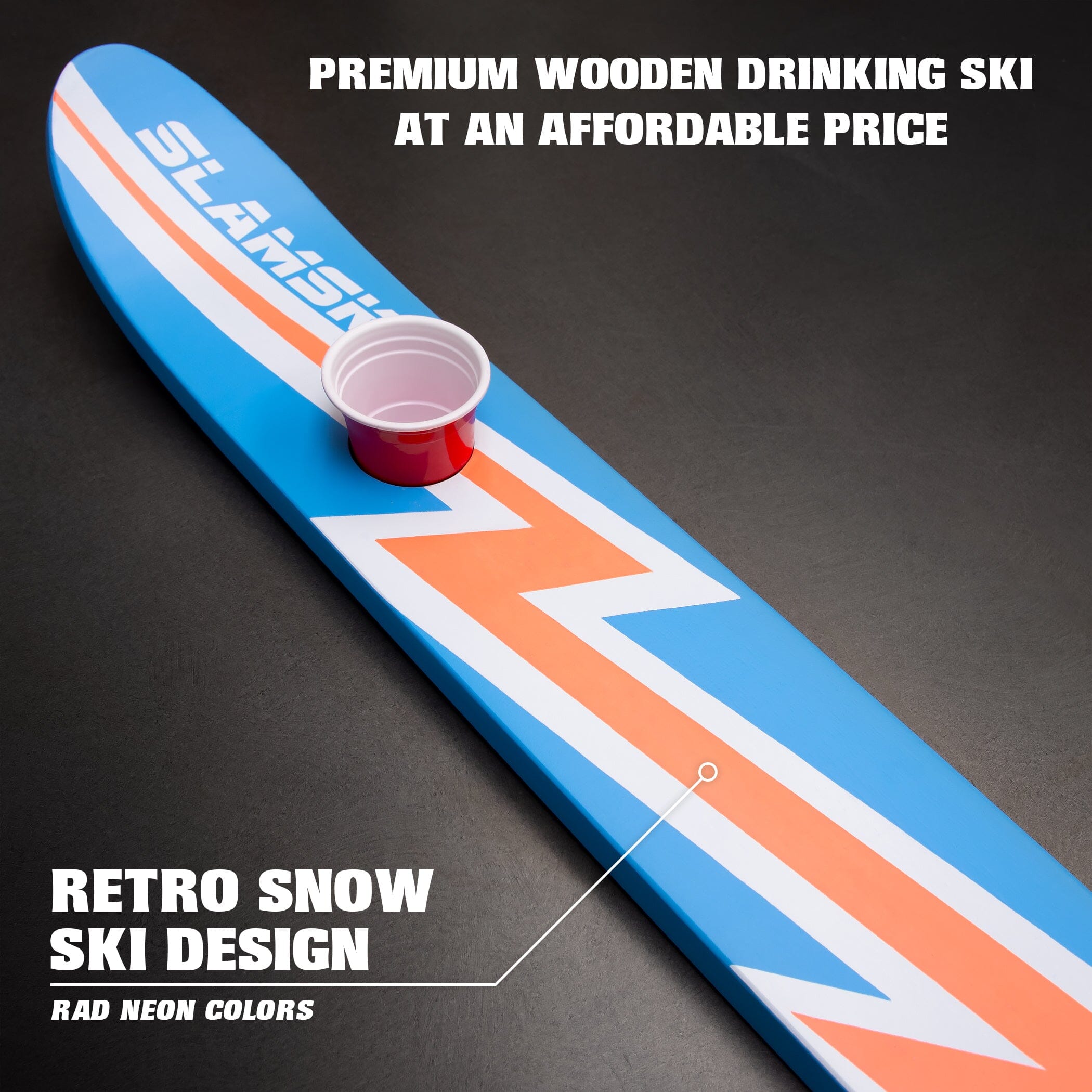 a blue and orange surfboard with a white stripe