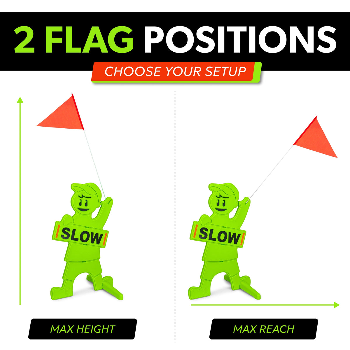 Neon green GoSports kids at play sign shown with its orange flag in 2 positions, upright max height & angled max reach