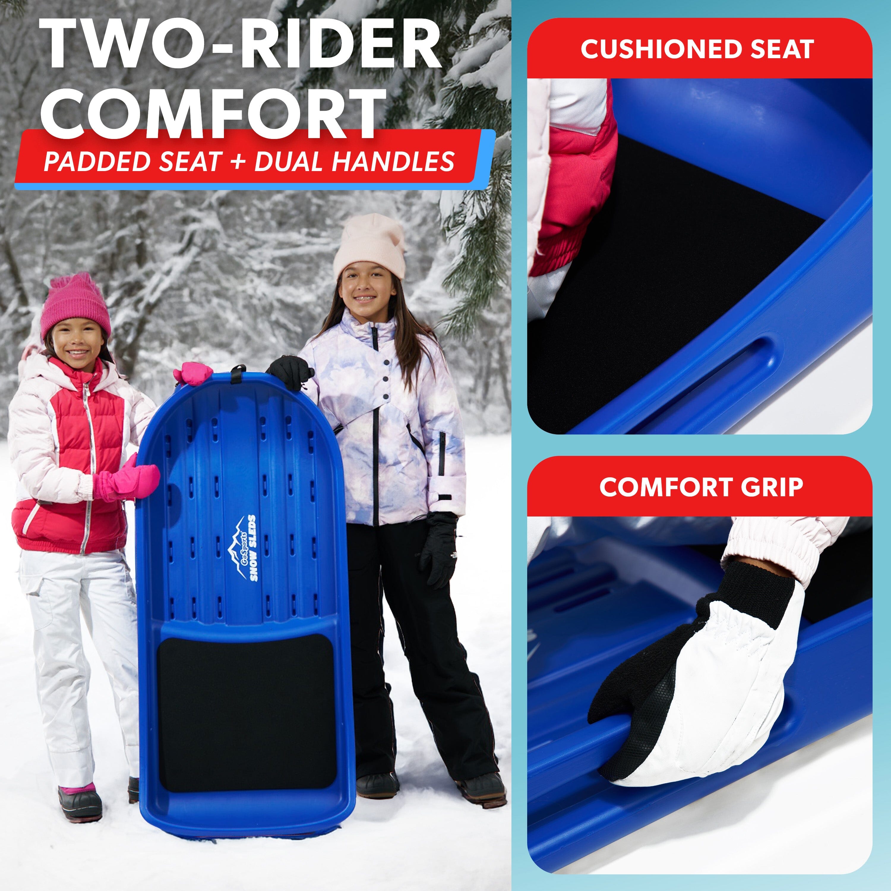 GoSports 2 Person Premium Snow Sled - Choose Red or Blue - Double Walled Construction, Pull Strap and Padded Seat Snow Sled GoSports 