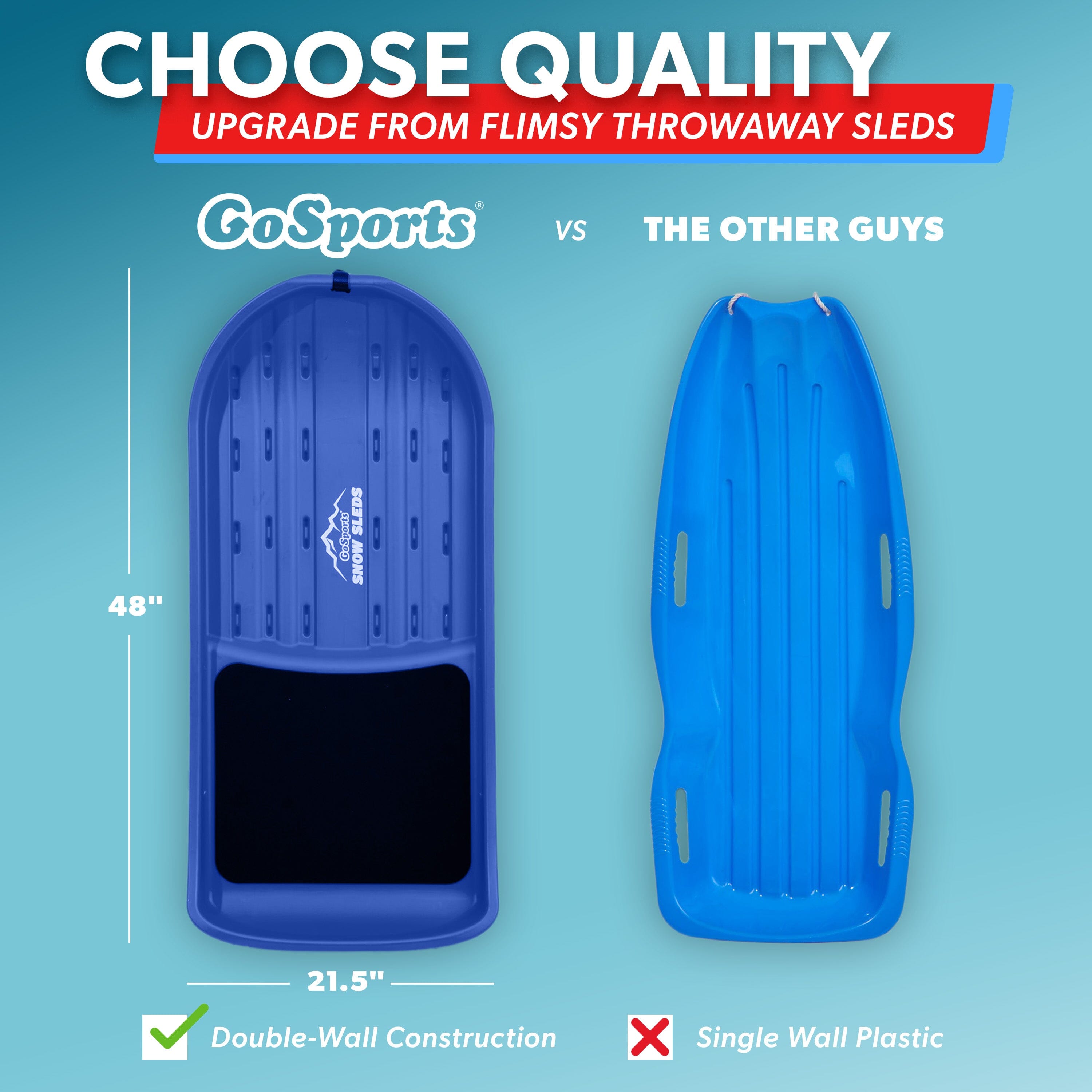 GoSports 2 Person Premium Snow Sled - Choose Red or Blue - Double Walled Construction, Pull Strap and Padded Seat Snow Sled GoSports 