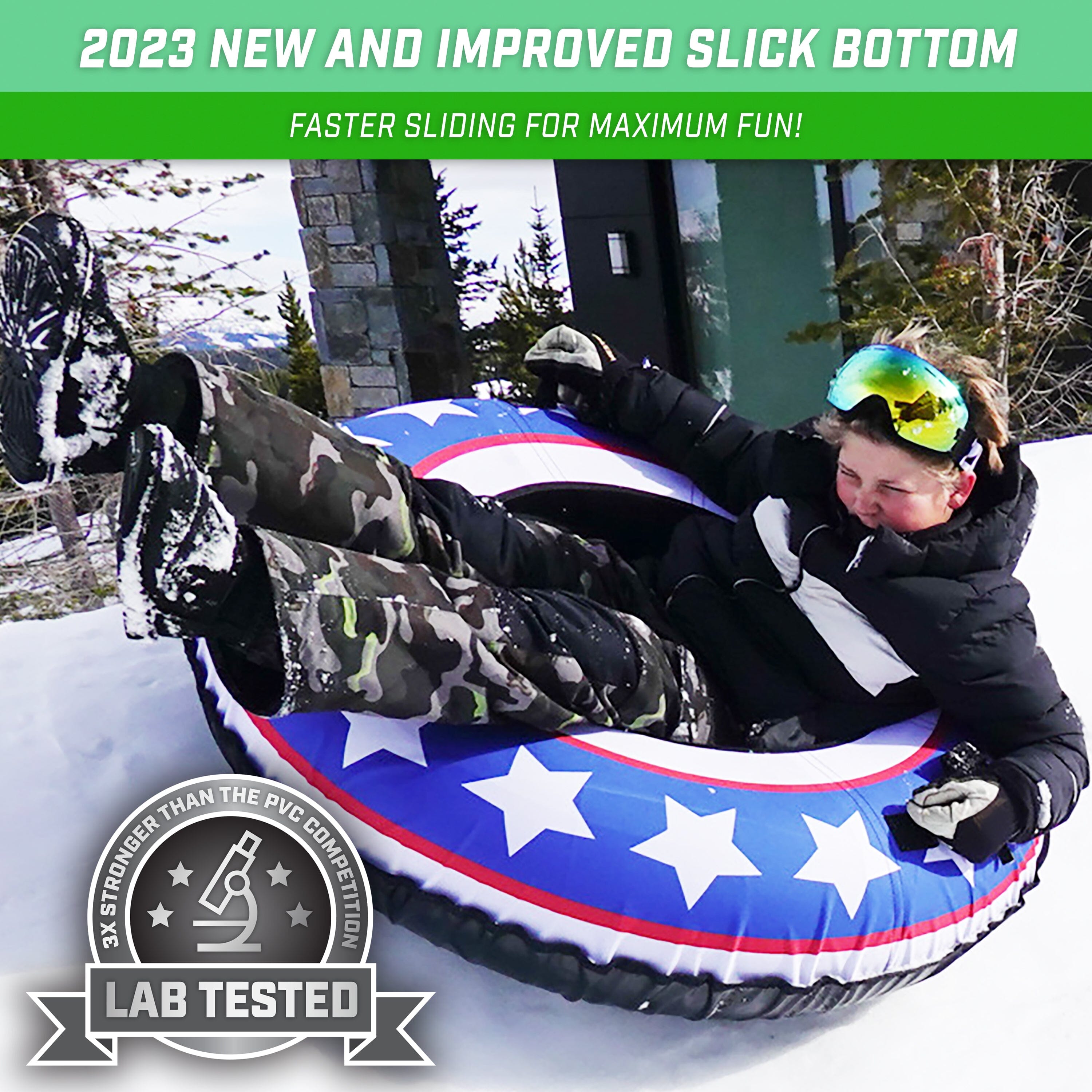 a person is sitting in a snow tube