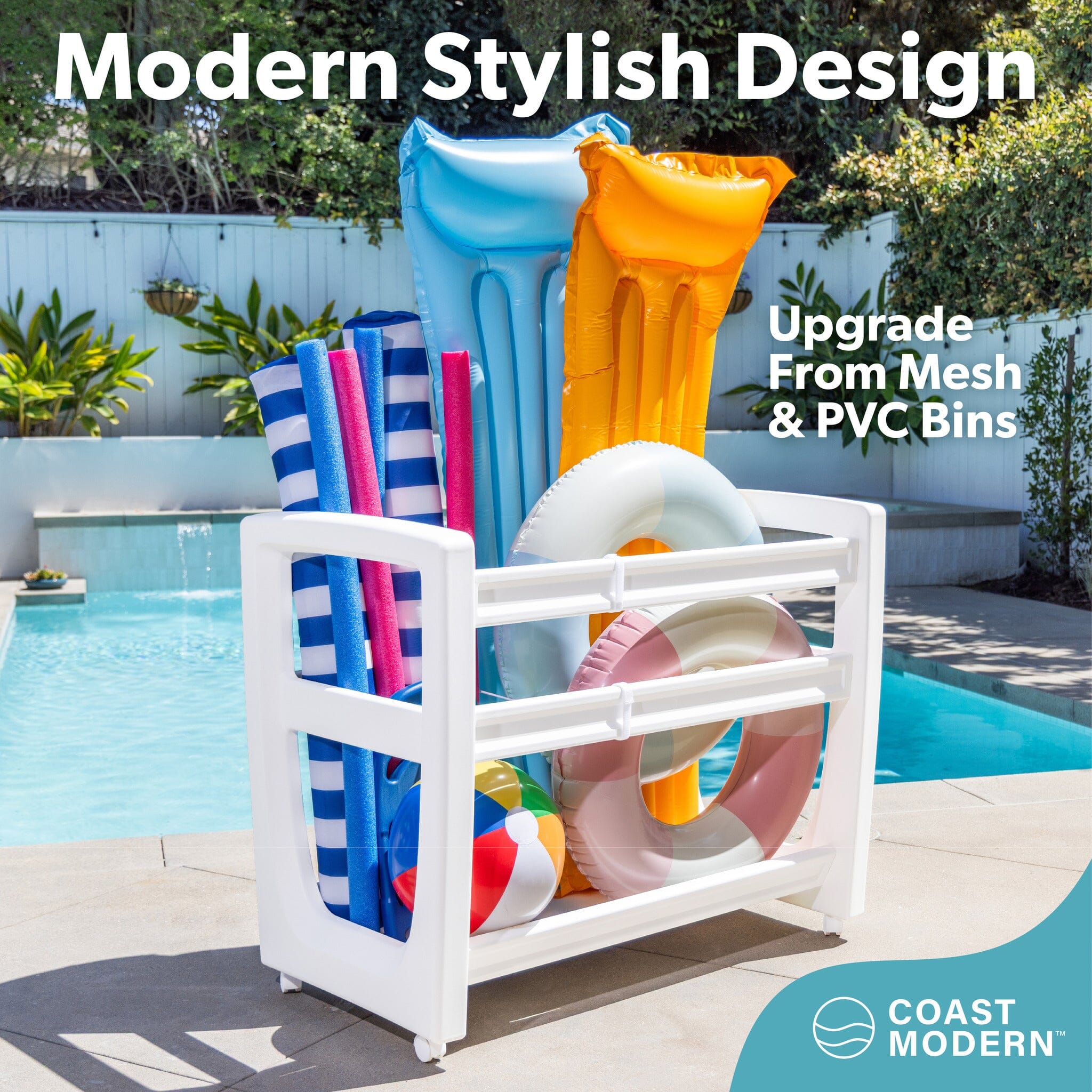 "Coast Modern Pool Organizer for Floats and Toys - Large Waterproof Storage Rack for Outdoor Pool Area " PlayGoSports.com 