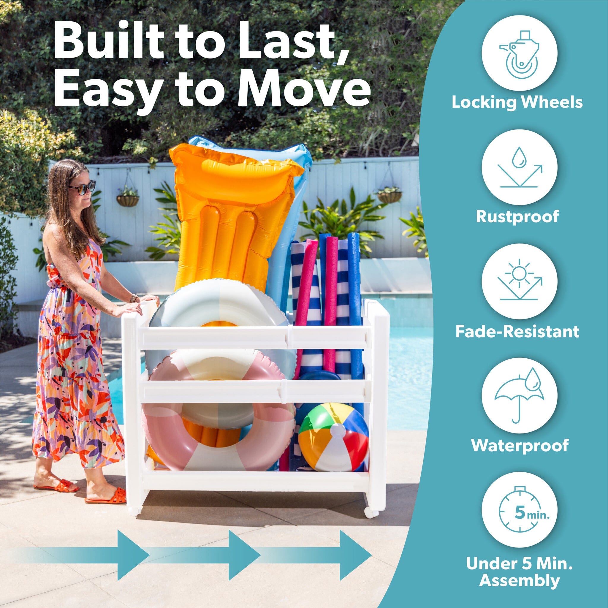 "Coast Modern Pool Organizer for Floats and Toys - Large Waterproof Storage Rack for Outdoor Pool Area " PlayGoSports.com 