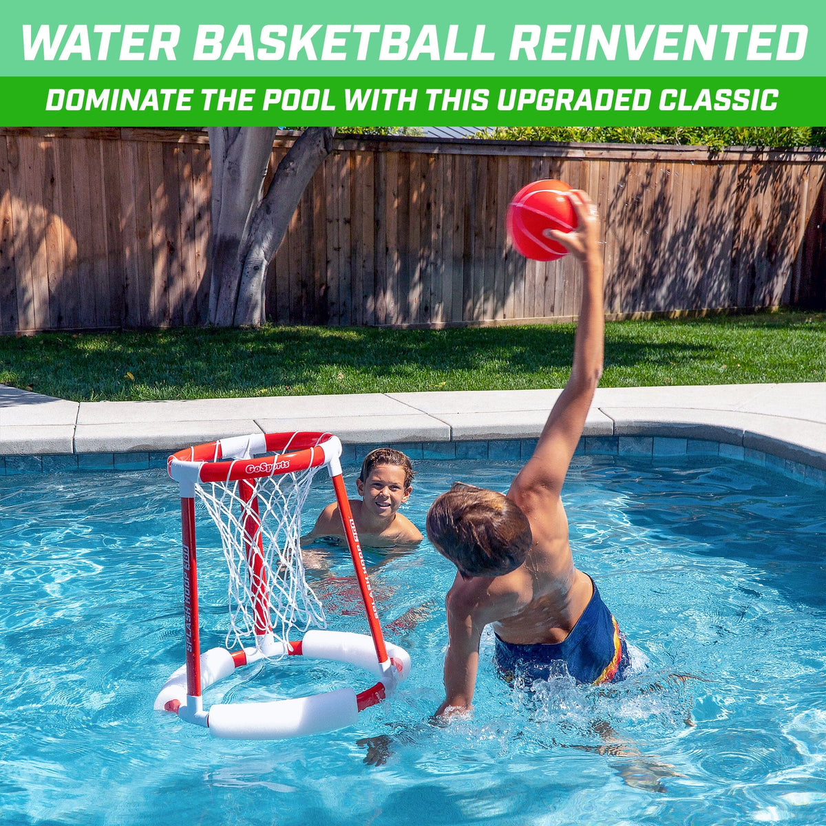 Kids in a backyard pool, one dunking a red ball into a red & white GoSports Splash Hoop 360 pool basketball hoop