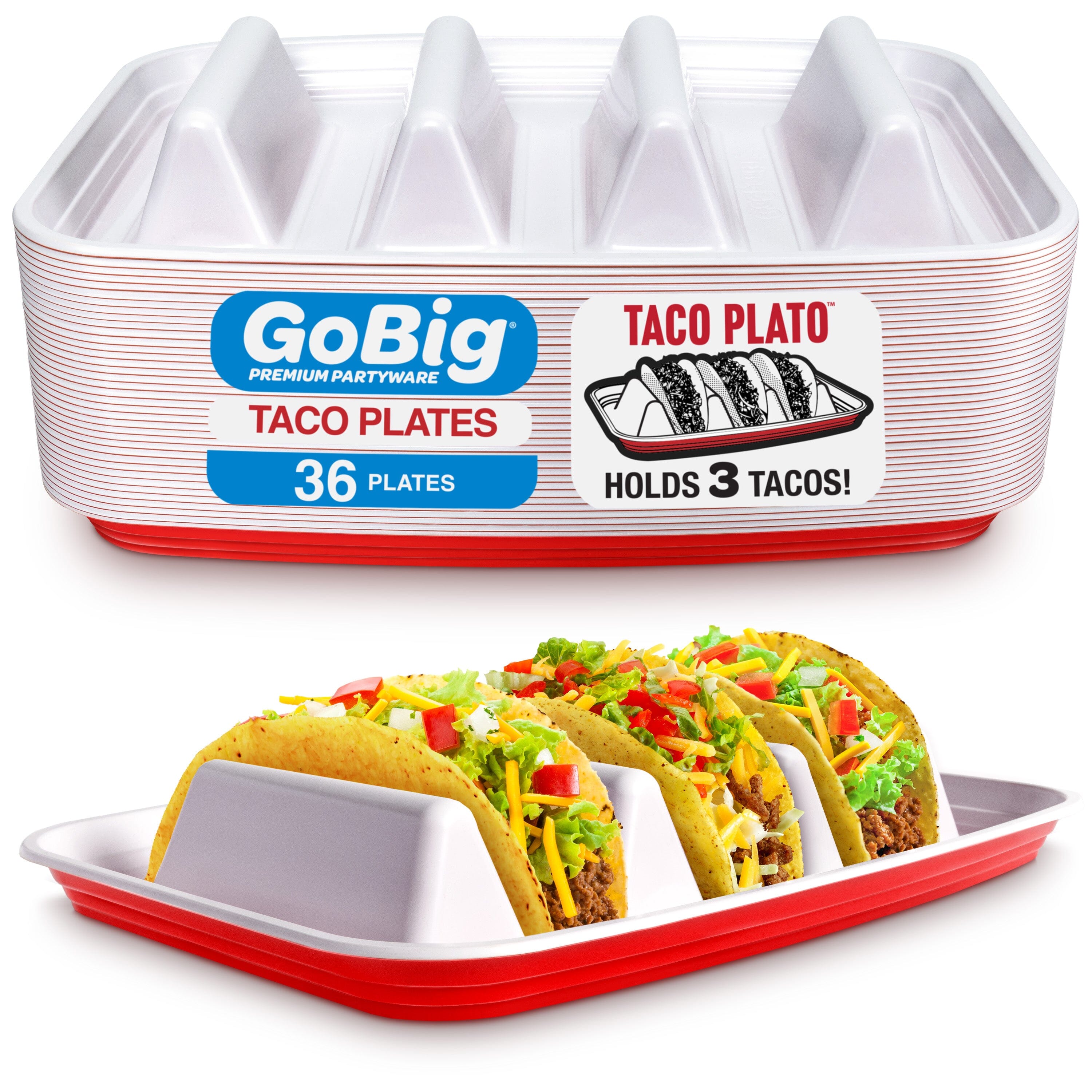 GoBig taco plates with a tray holding three tacos on a white background