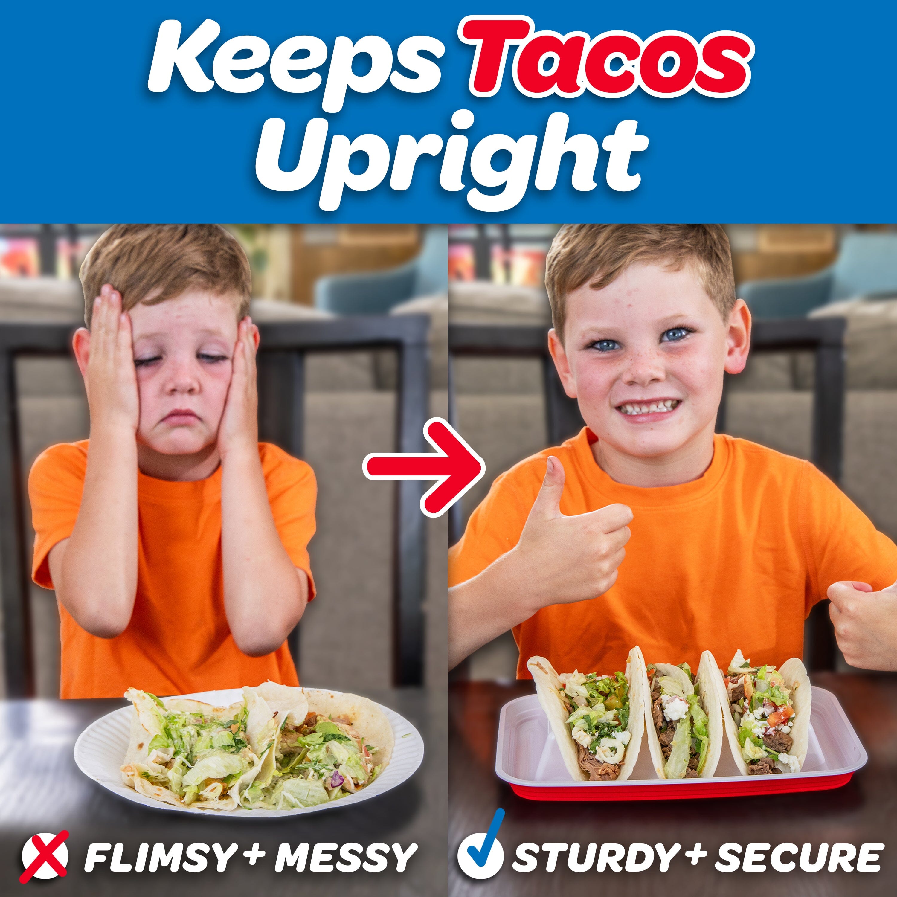 Child with a sad expression before and happy expression after eating tacos on a tray, with text about keeping tacos upright.