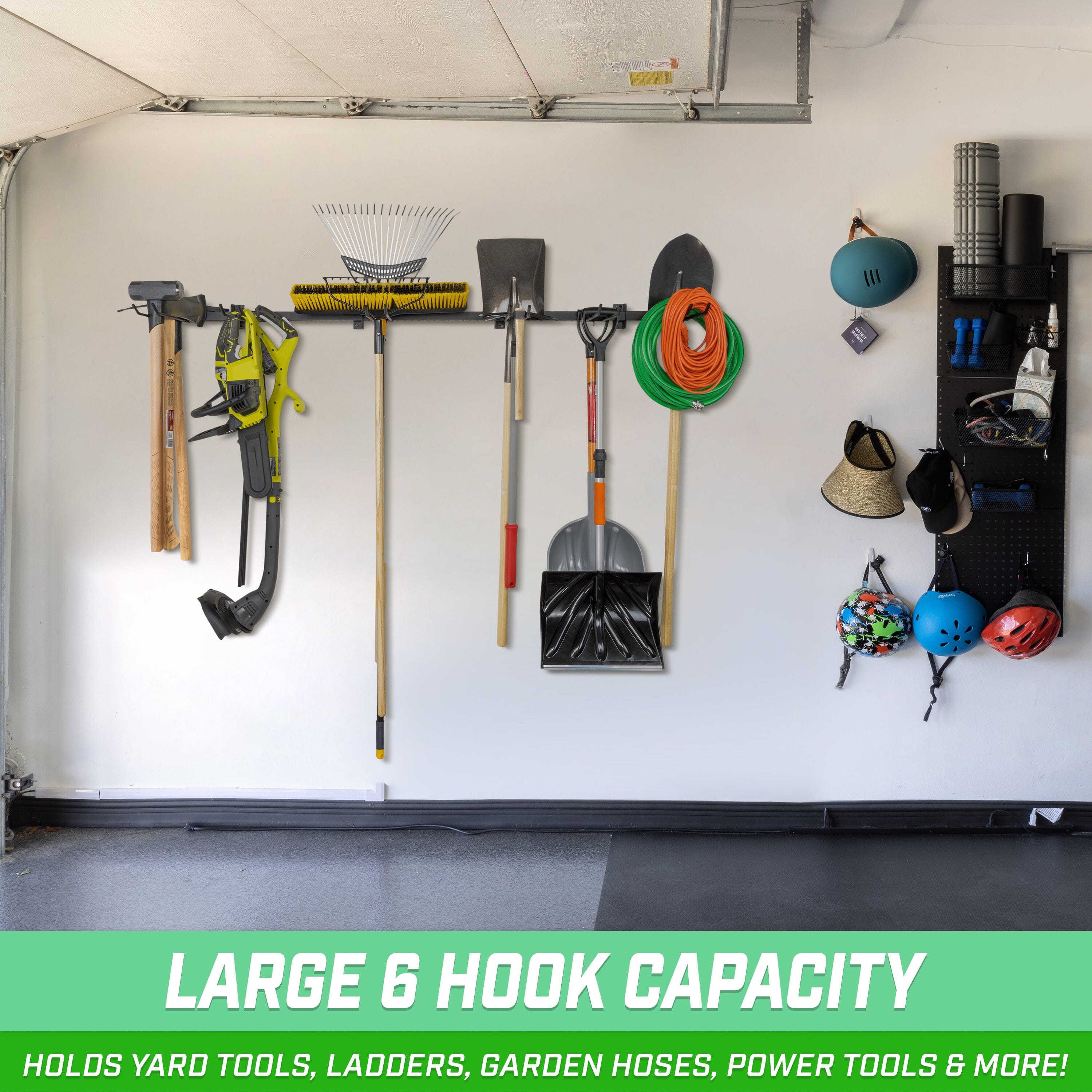 a garage with tools hanging on the wall