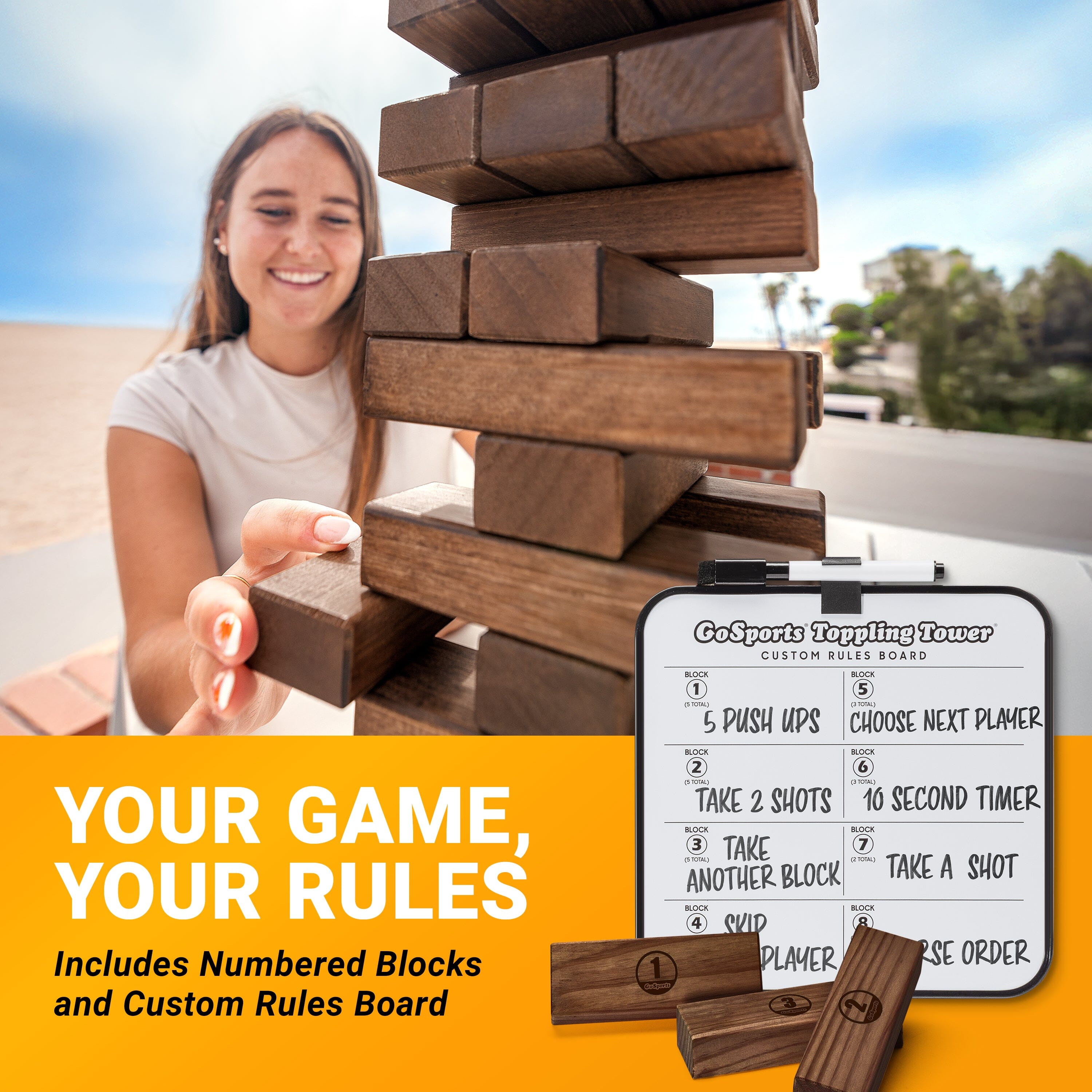GoSports Toppling Tower - Large Wooden Stacking Game - Stacks Up to 3 ft - Brown Wood Stain Toppling Tower GoSports 
