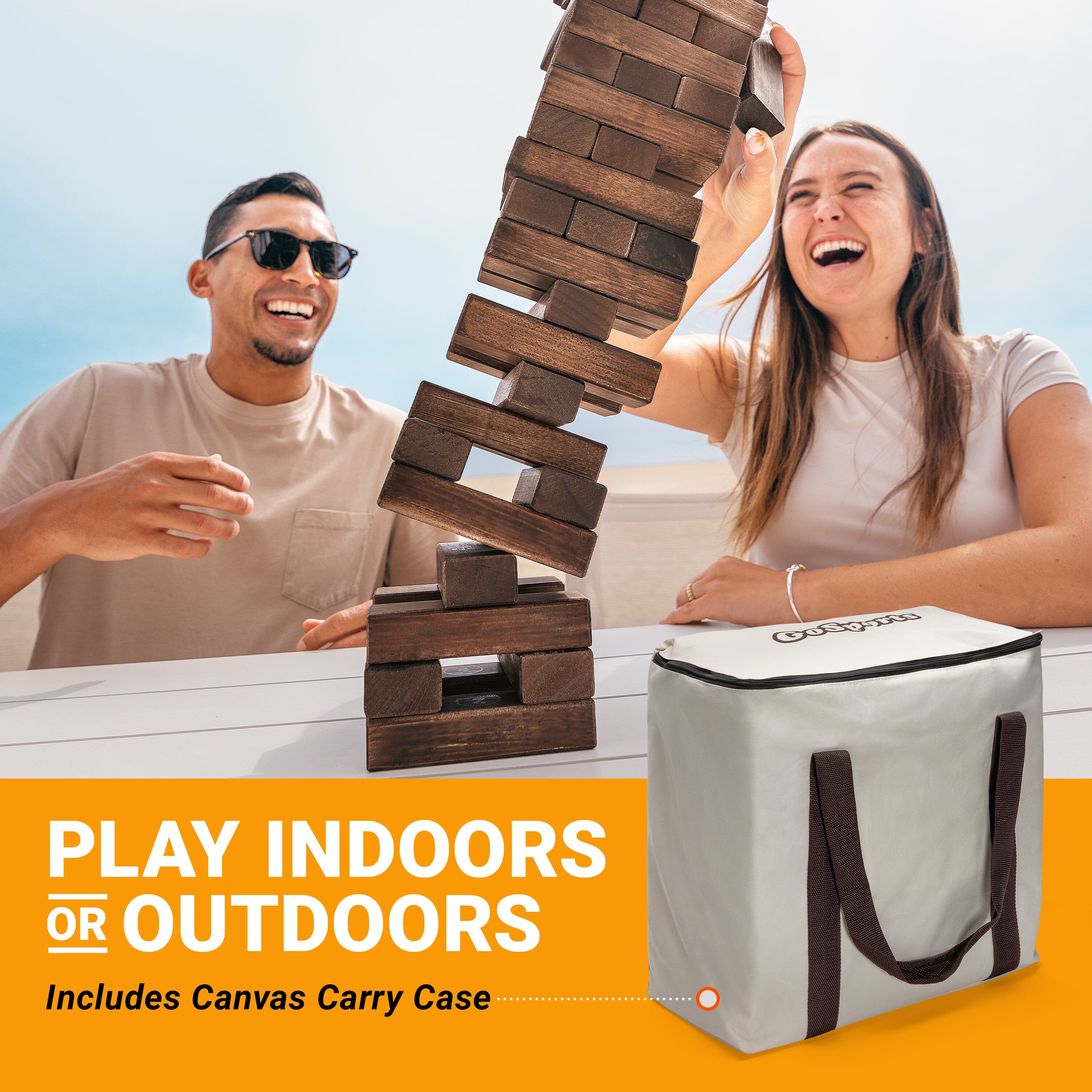 GoSports Toppling Tower - Large Wooden Stacking Game - Stacks Up to 3 ft - Brown Wood Stain Toppling Tower GoSports 