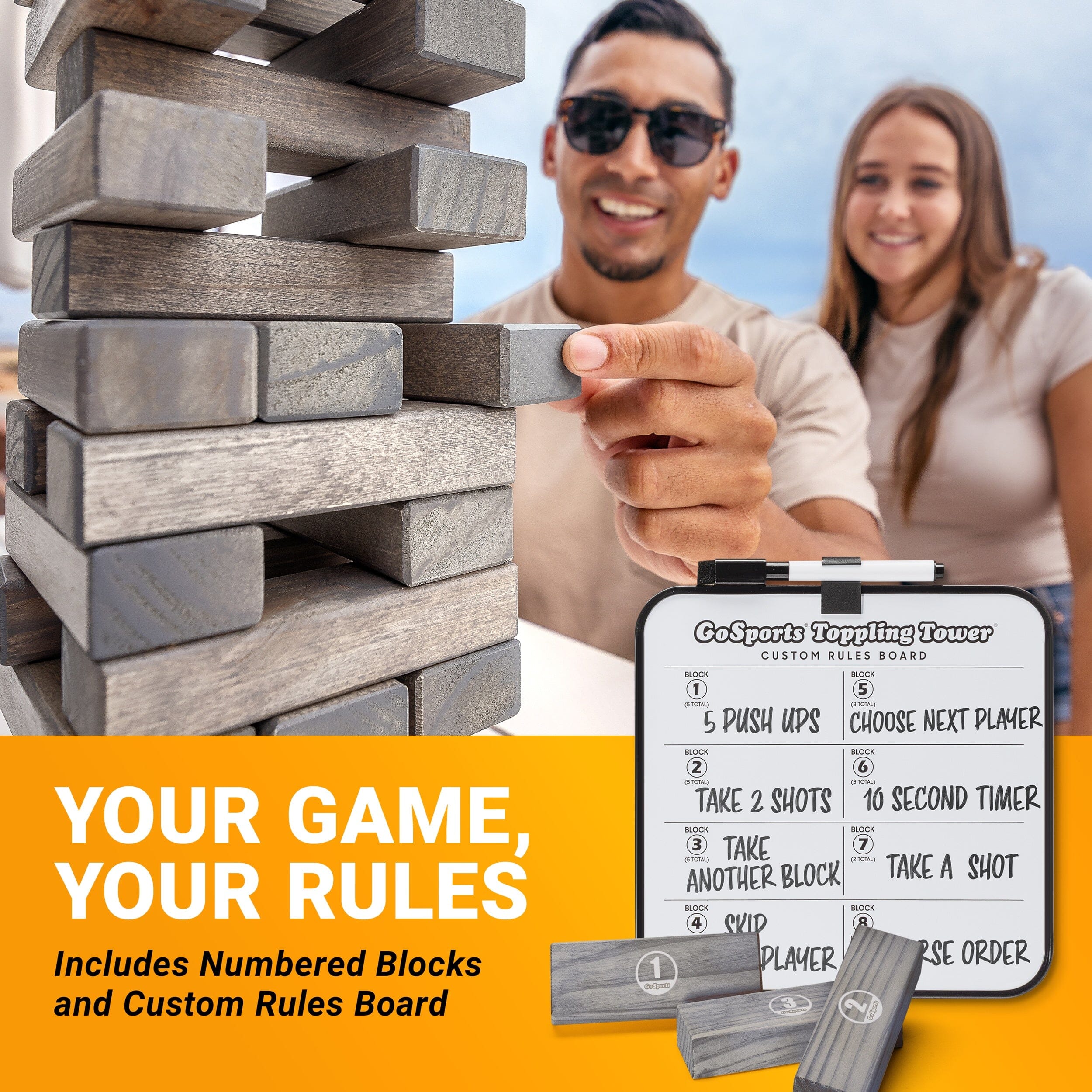 GoSports Toppling Tower - Large Wooden Stacking Games - Stacks Up to 3 ft - Gray Wood Stain Toppling Tower GoSports 