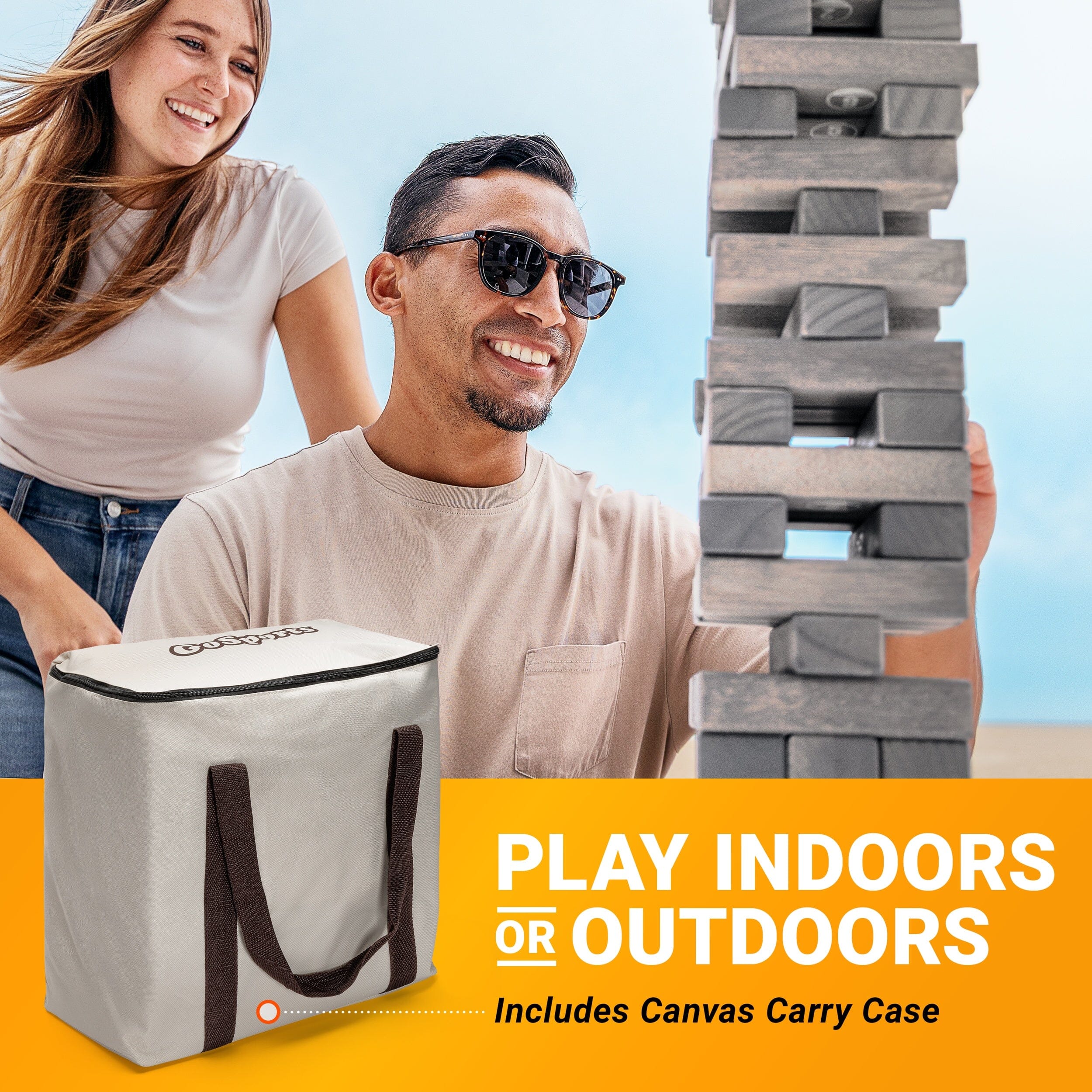 GoSports Toppling Tower - Large Wooden Stacking Games - Stacks Up to 3 ft - Gray Wood Stain Toppling Tower GoSports 