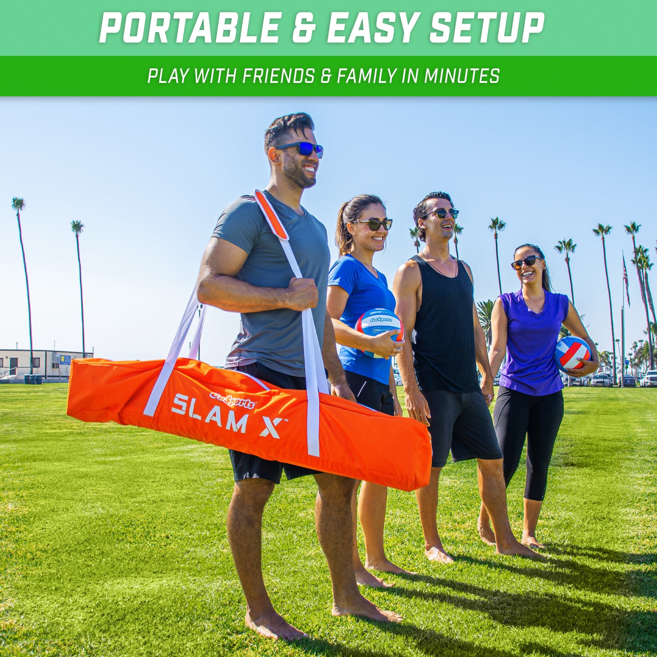 People standing in row with volleyball slamx case words display 'portable and easy setup play with friends