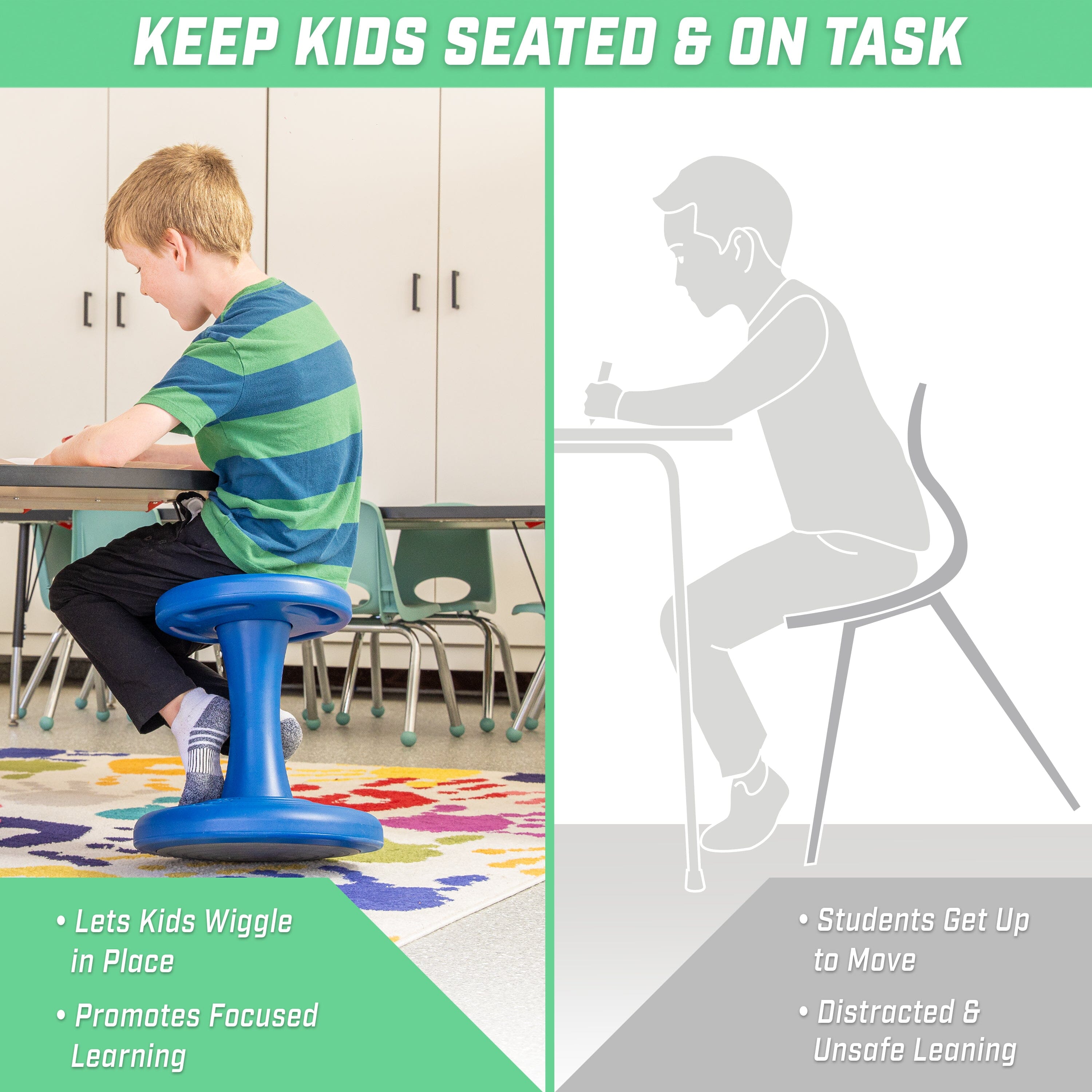 a child sitting on a chair with the words keep kids seated on task
