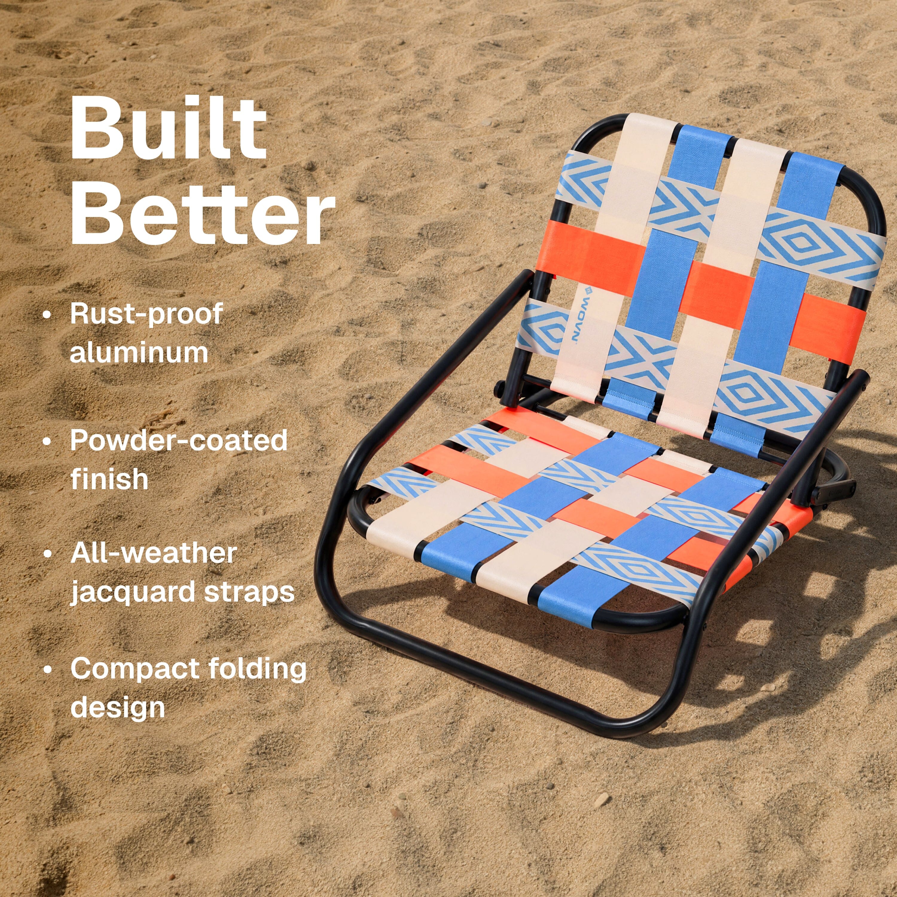 WOVN Low Beach Chairs - Premium Folding Beach Chair for Adults - Low Profile, Super Lightweight with Portable Shoulder Strap - Great for Sand and Lawn - Baja Playgosports.com 