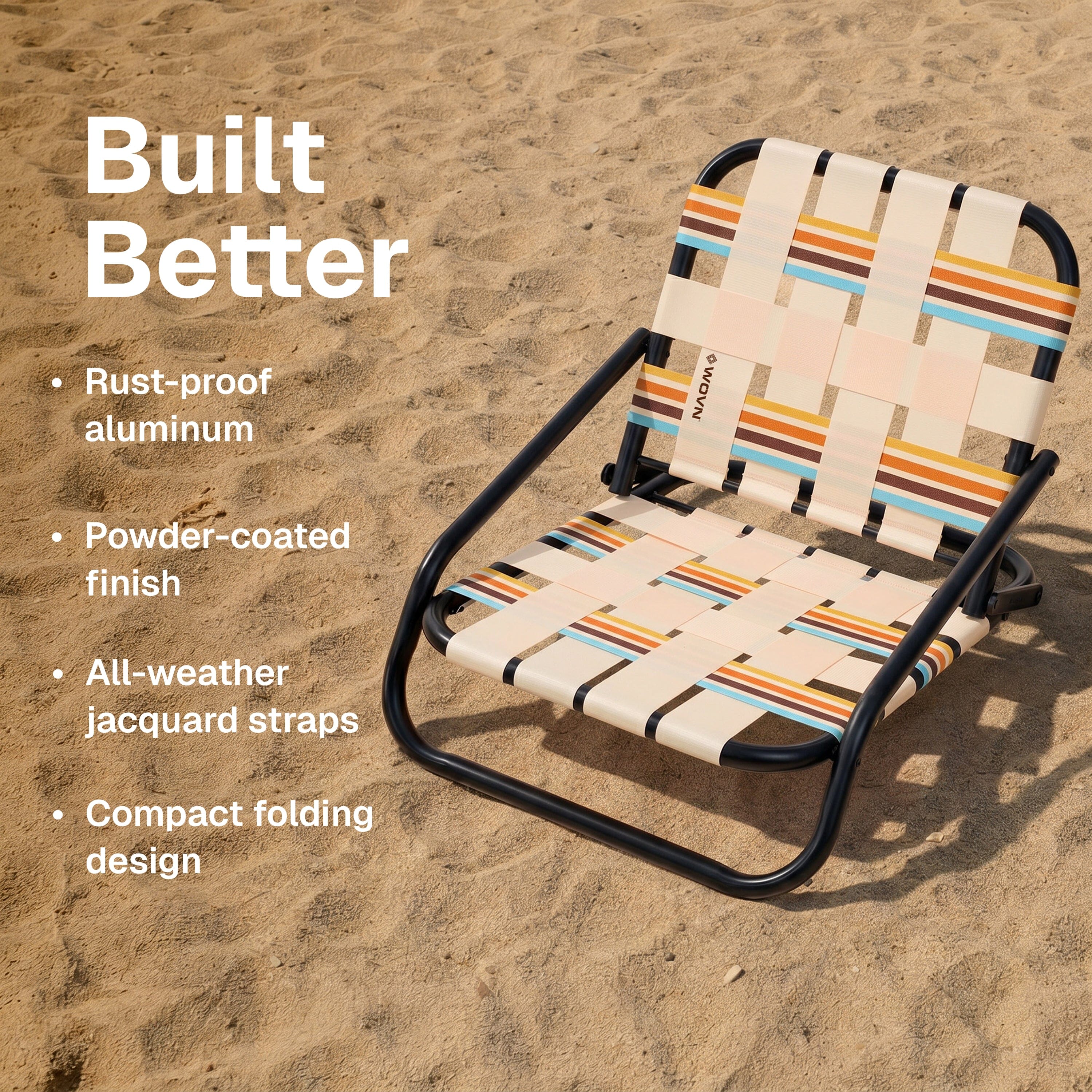 WOVN Low Beach Chairs - Premium Folding Beach Chair for Adults - Low Profile, Super Lightweight with Portable Shoulder Strap - Great for Sand and Lawn - Baja Playgosports.com 