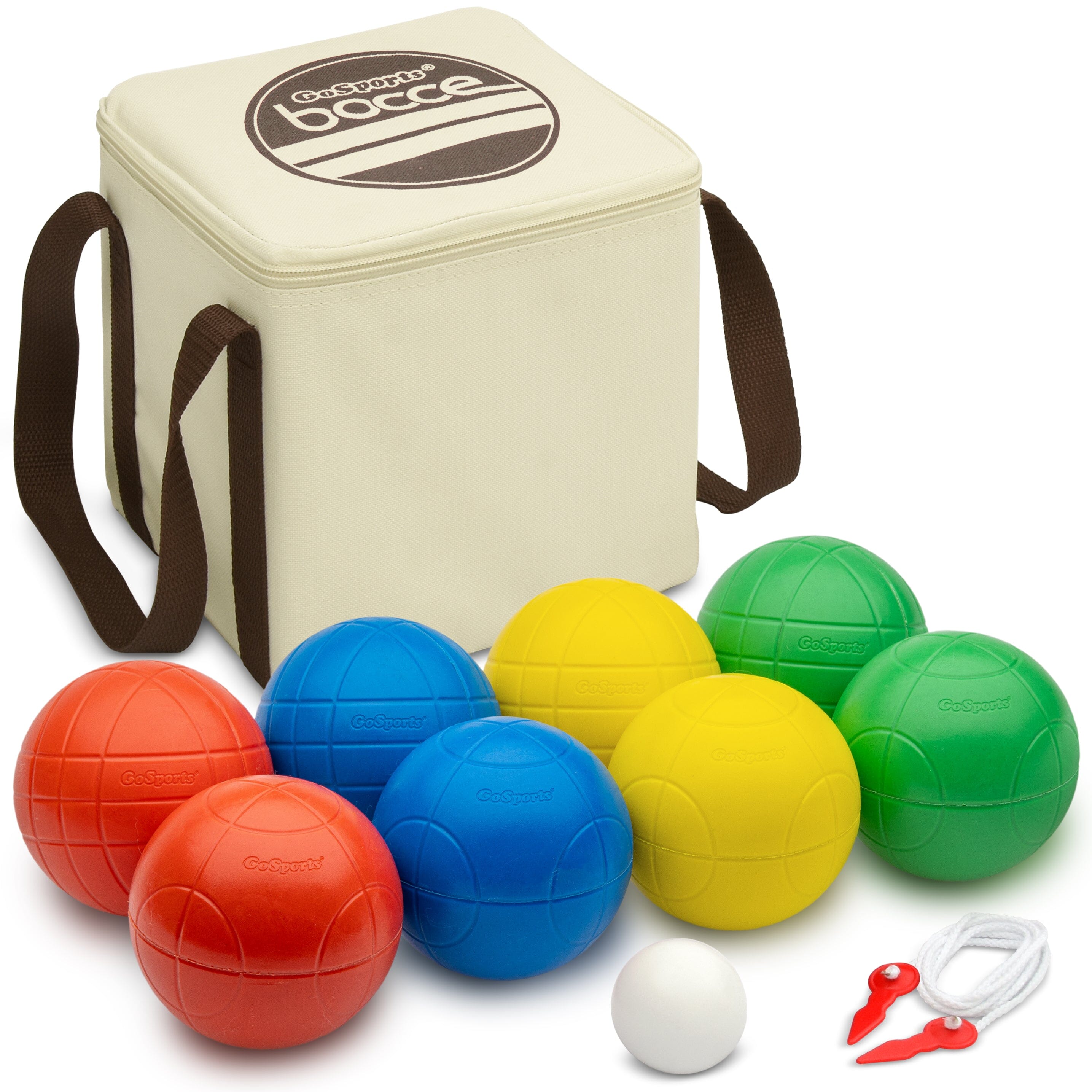 a white box with six colorful balls and a brown strap