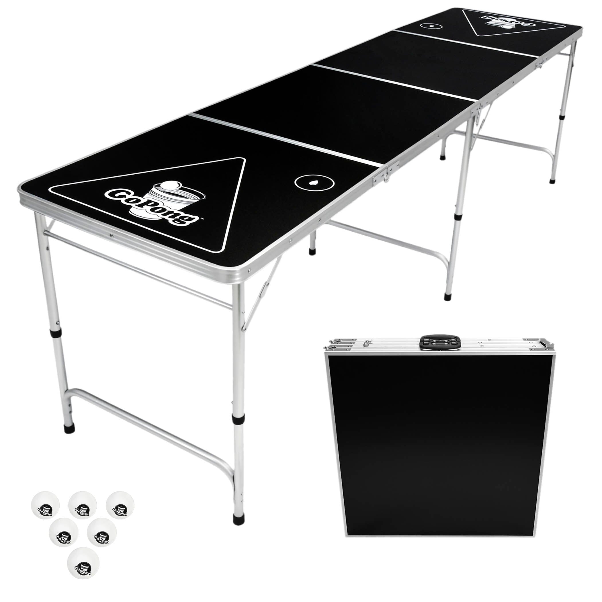 a table with with GoPong logo 6 small white balls and a folded table with black handle
