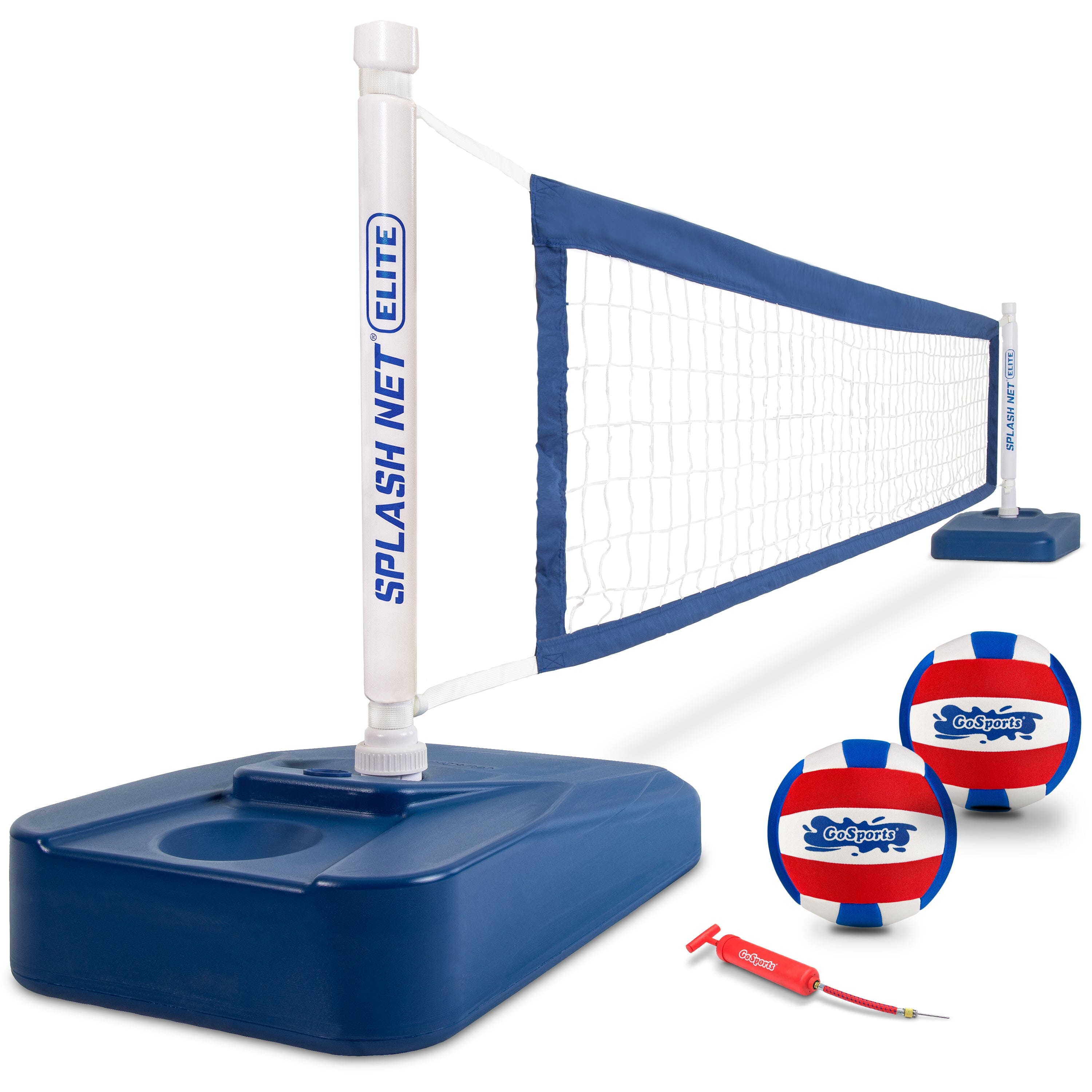 a blue and white volleyball set with a ball and net