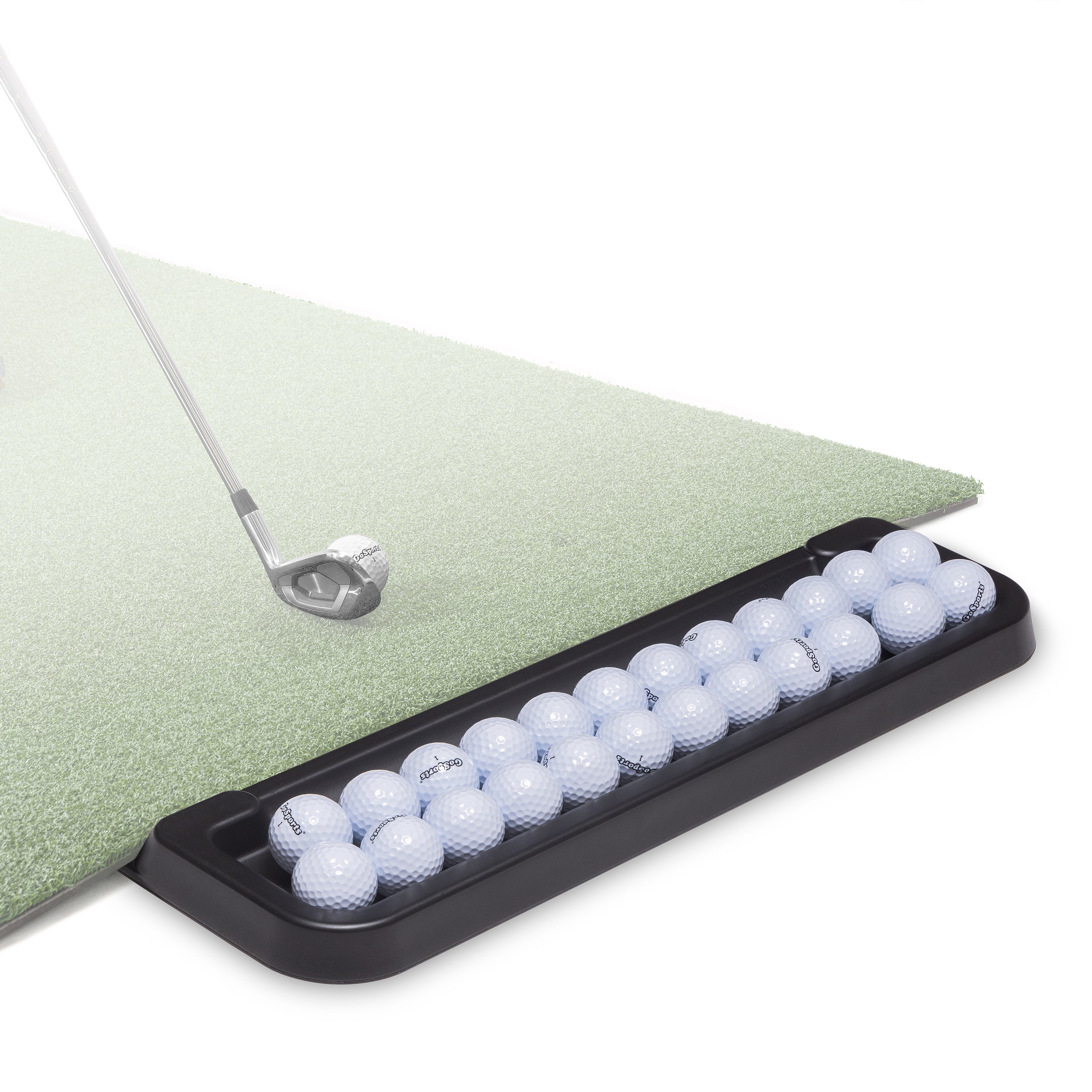 a golf ball and a putter on a putting mat