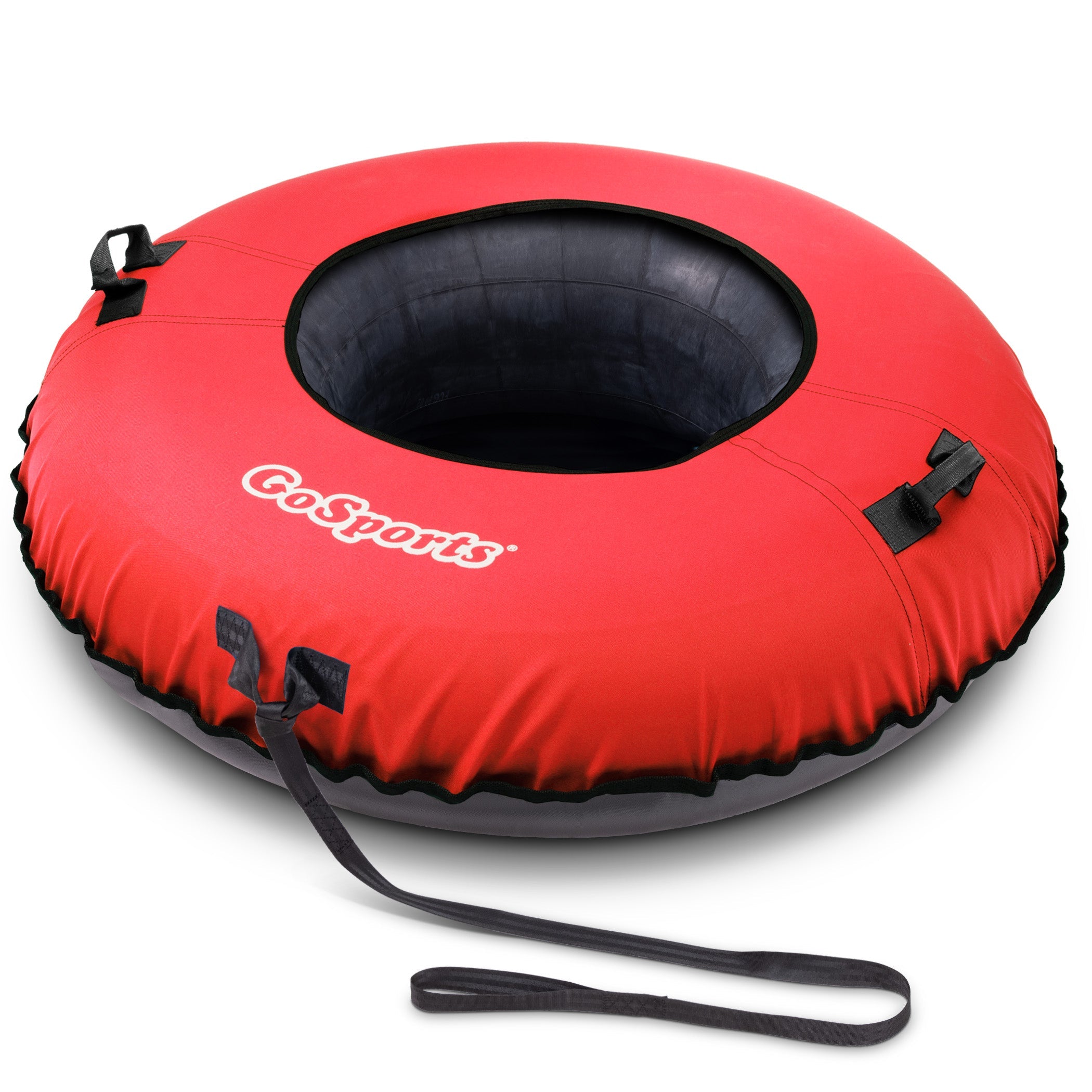 a red inflatable with a black handle