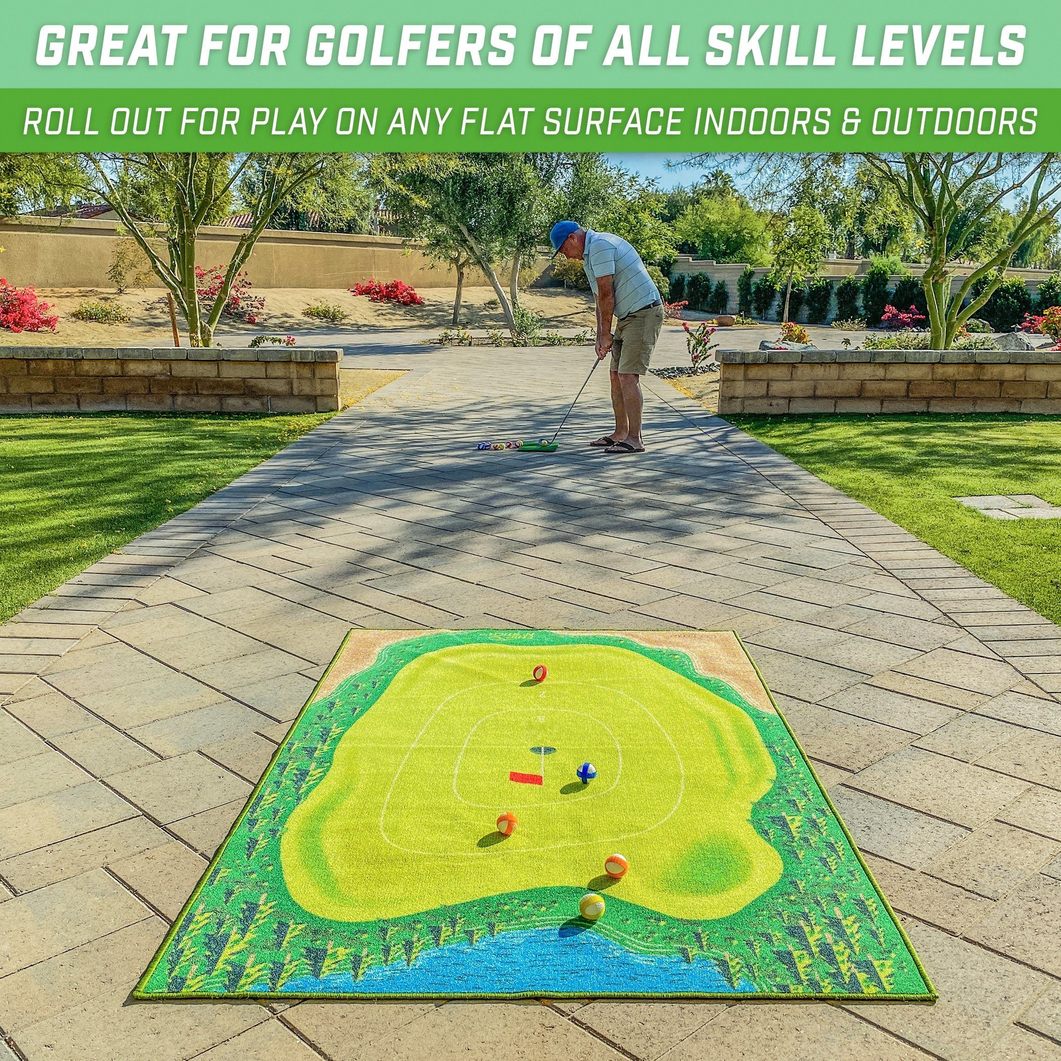 a man playing golf on a putting hole with the text great golf skills