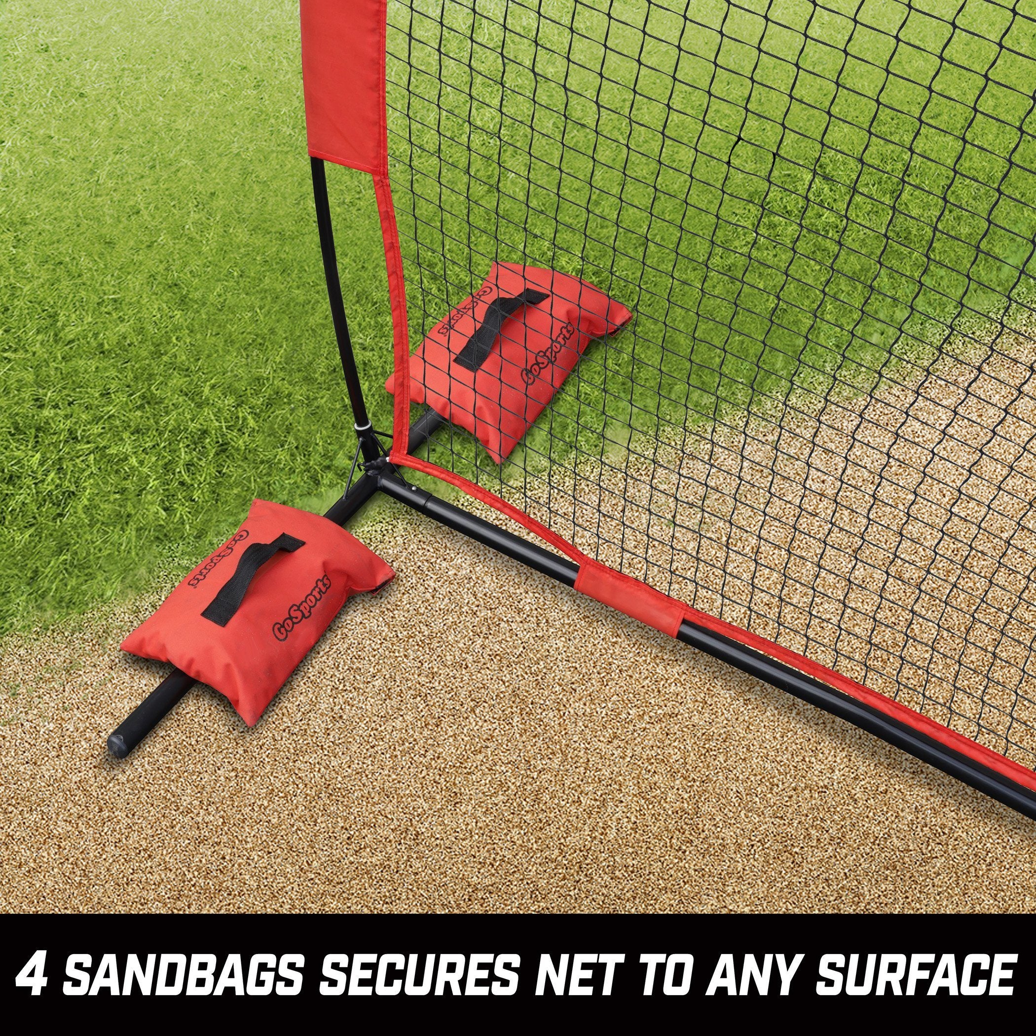 a baseball batting net with a red bag