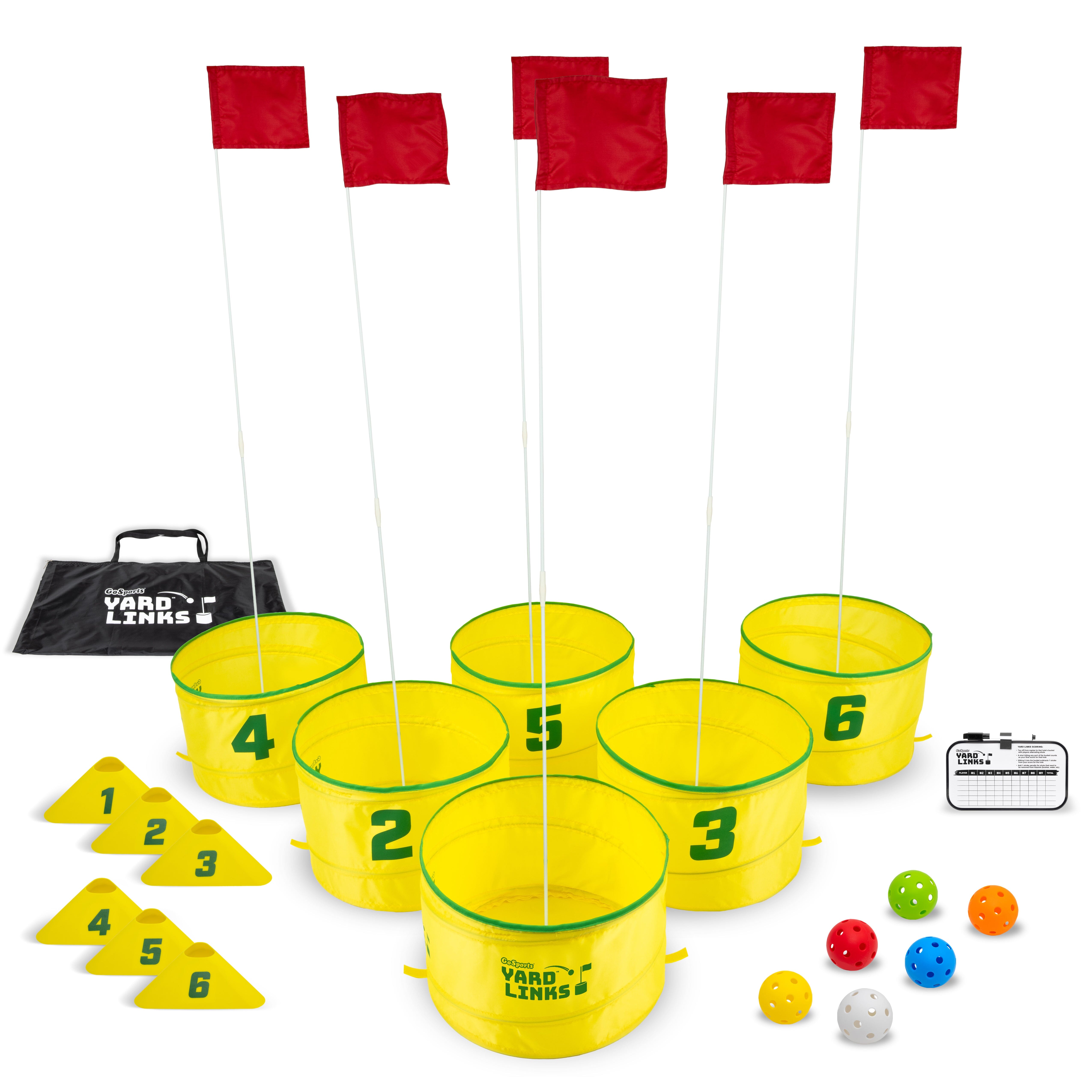 a number set with a bucket of balls and a bag of dice