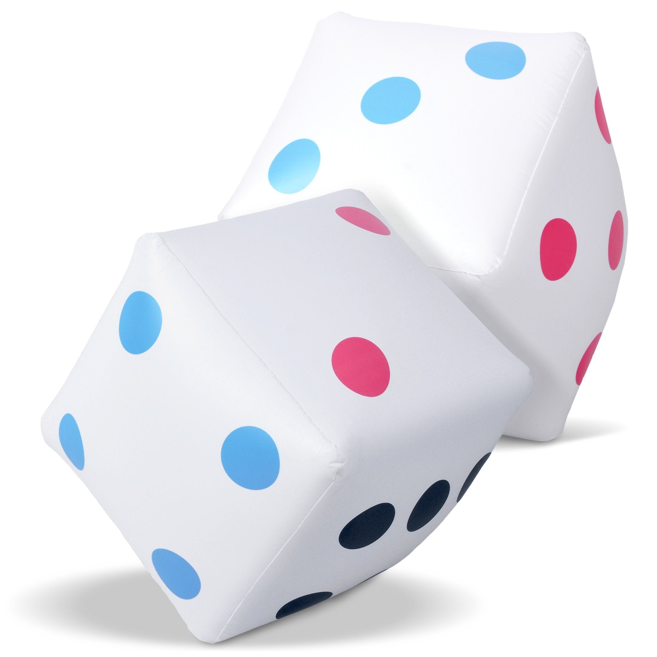 two white dice with blue and pink dots