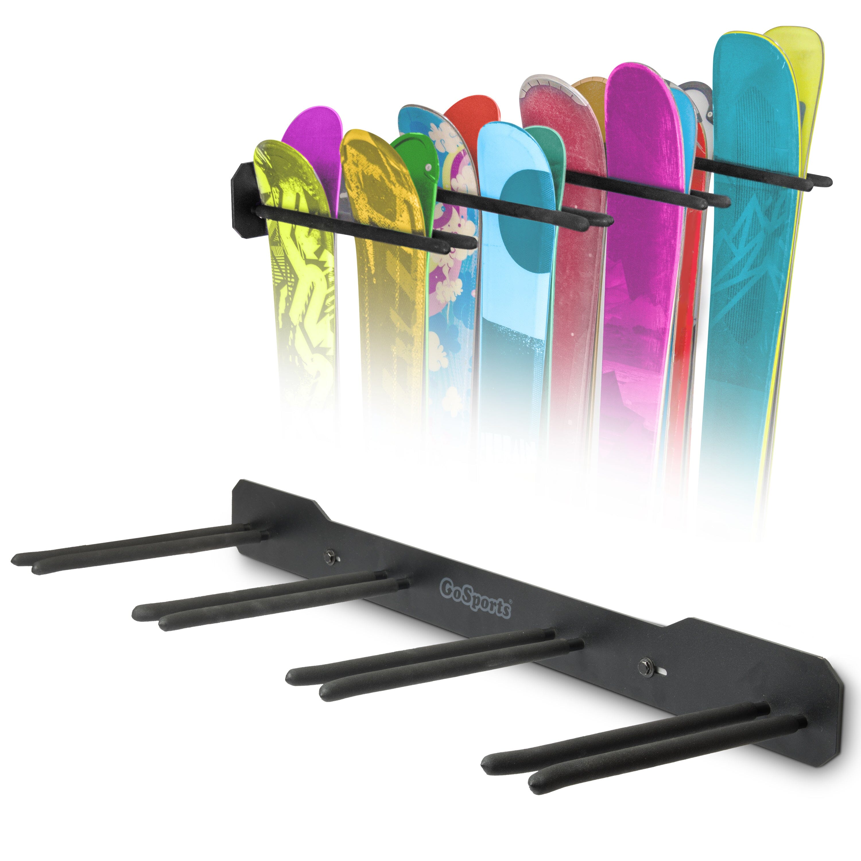 a rack with skis and snowboards on it