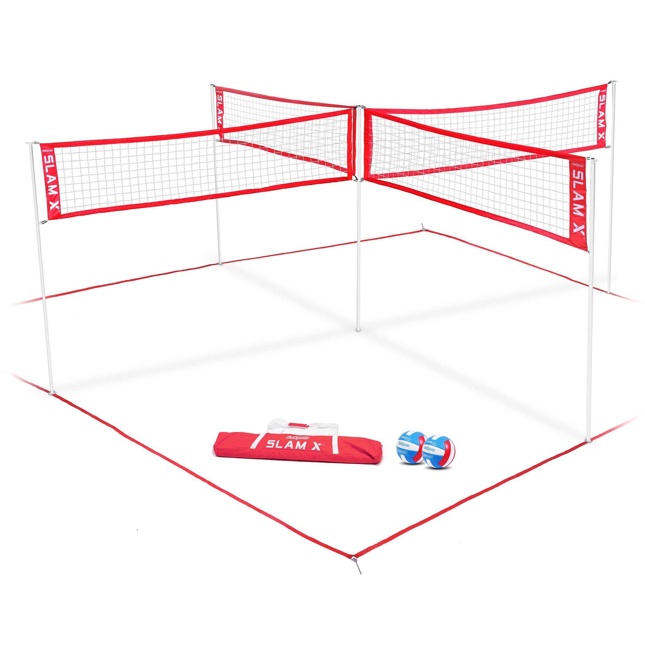 a red and white volleyball net with a ball