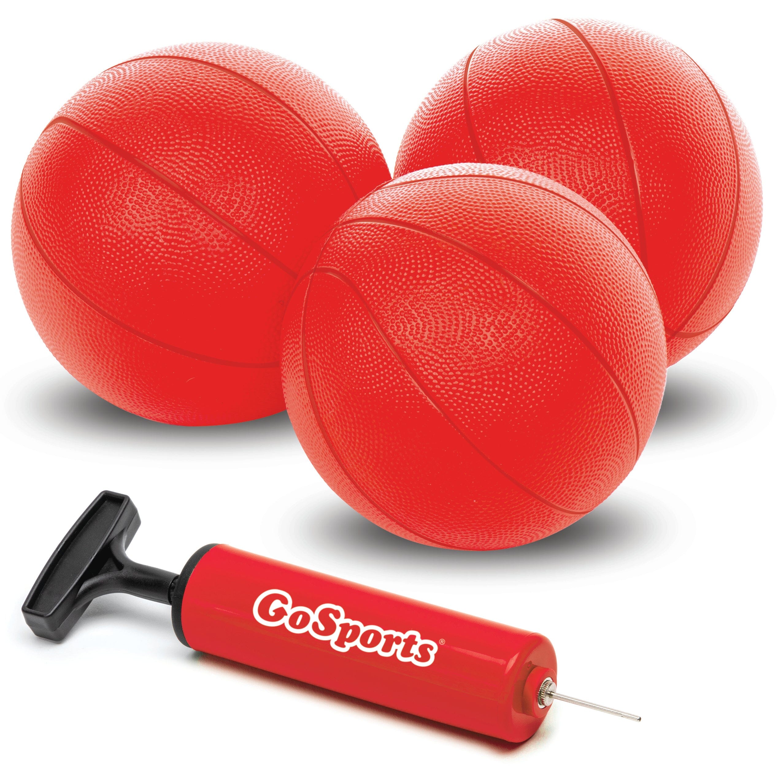 three red rubber balls with a red ball pump