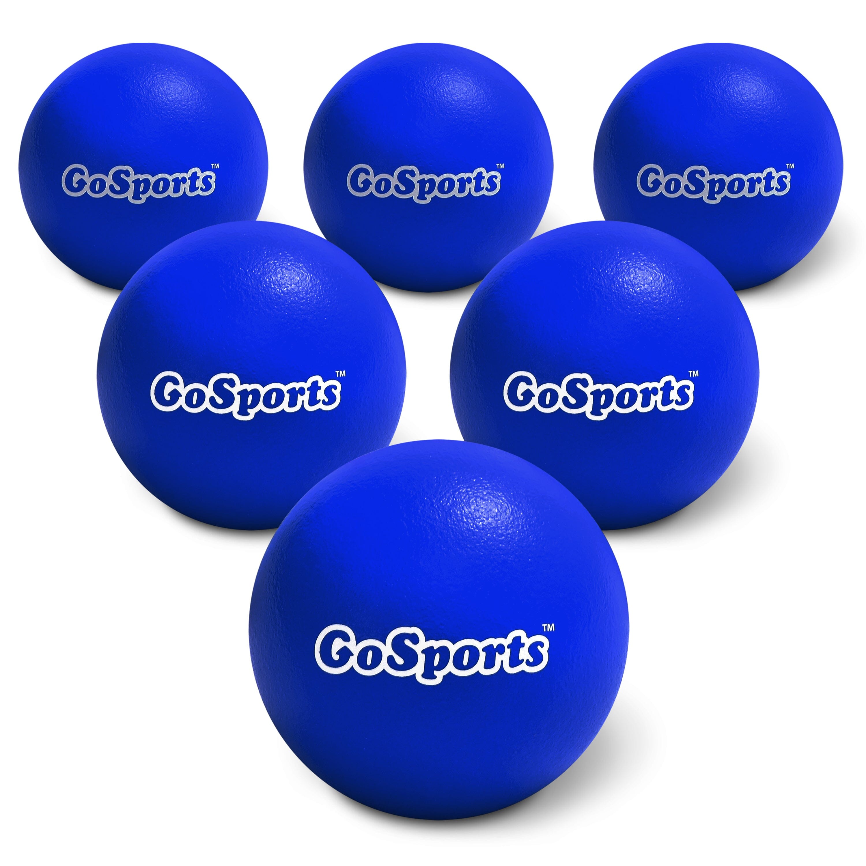 six blue foam balls with the word go sports on them