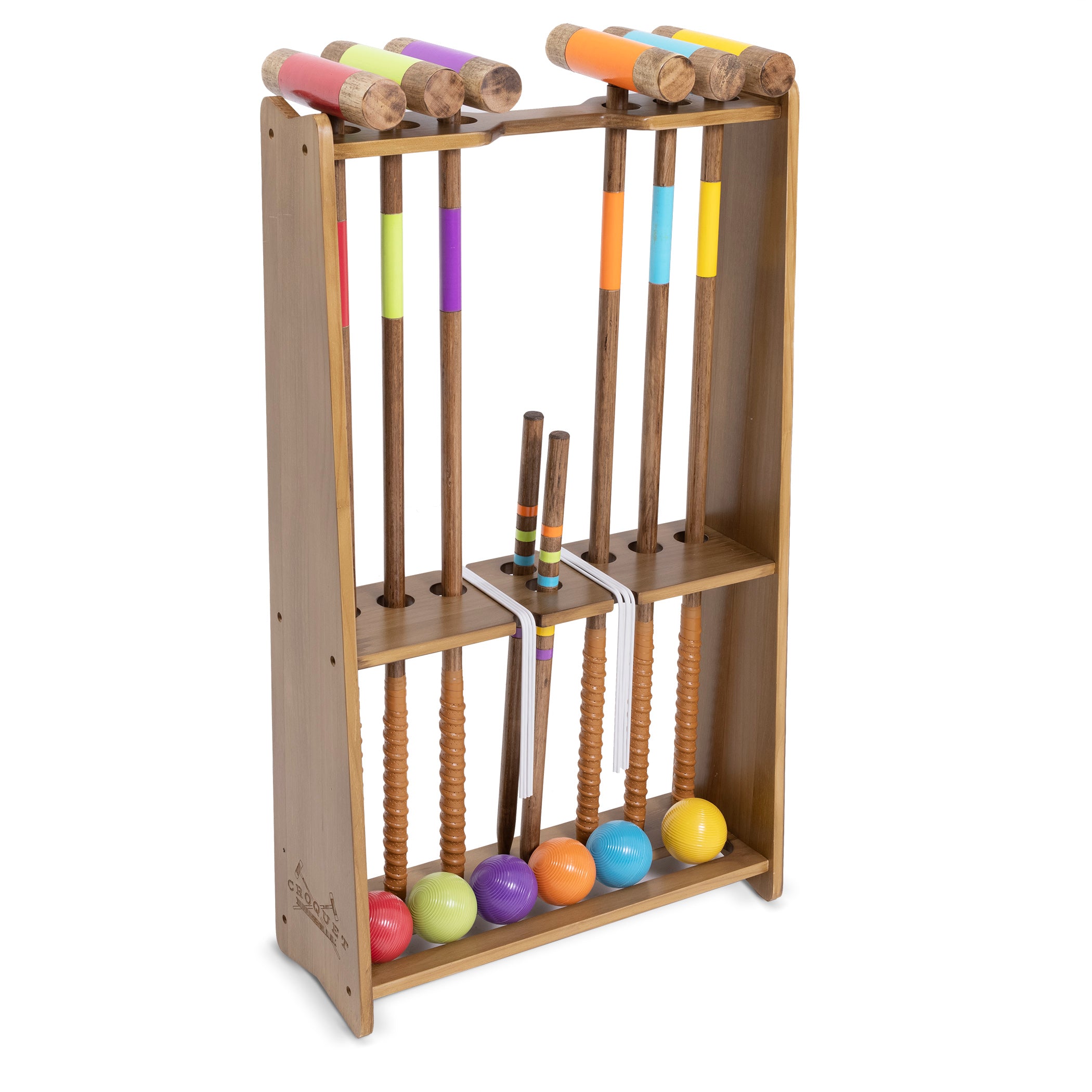 a wooden toy rack with a ball and a rack for balls