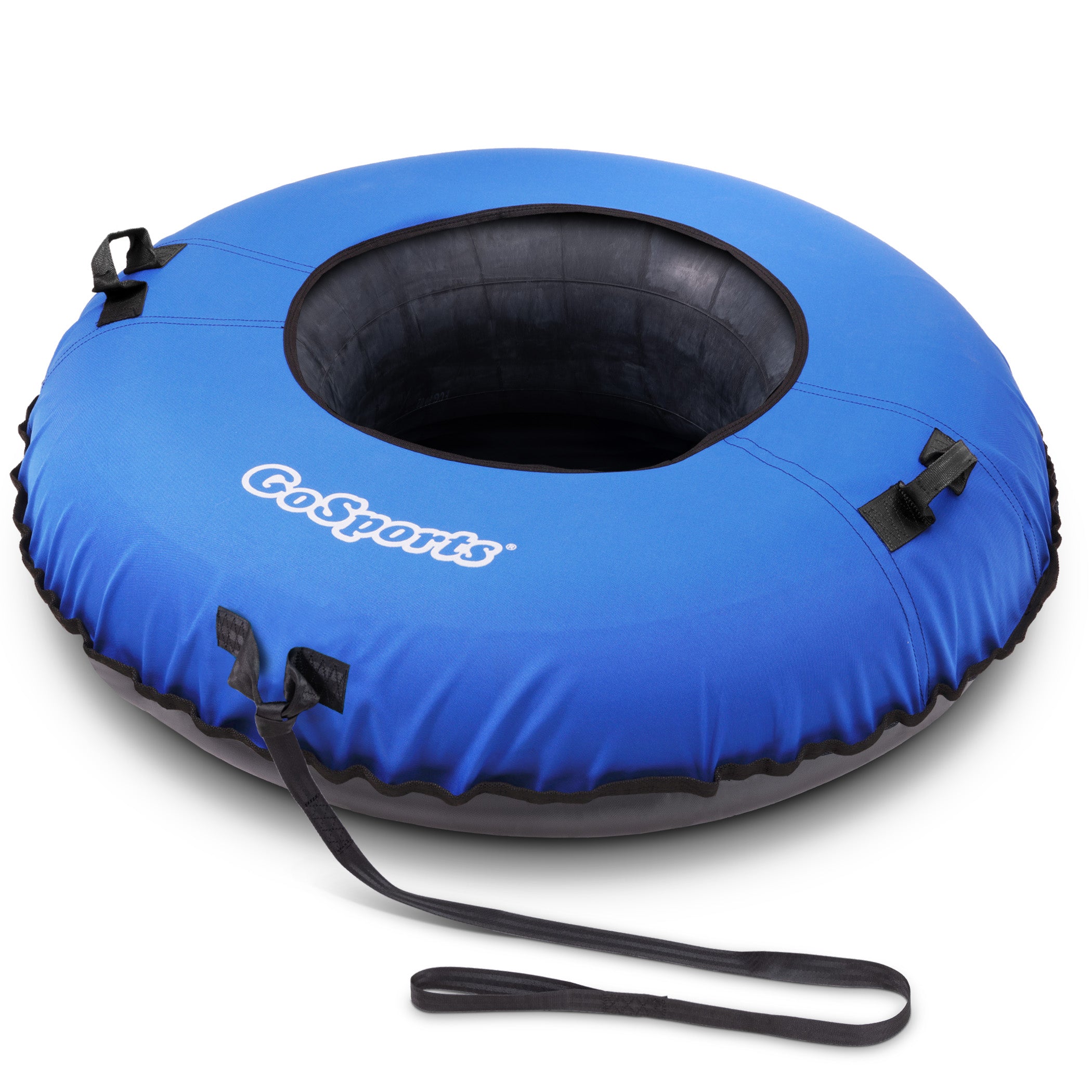 a blue inflatable with a black handle