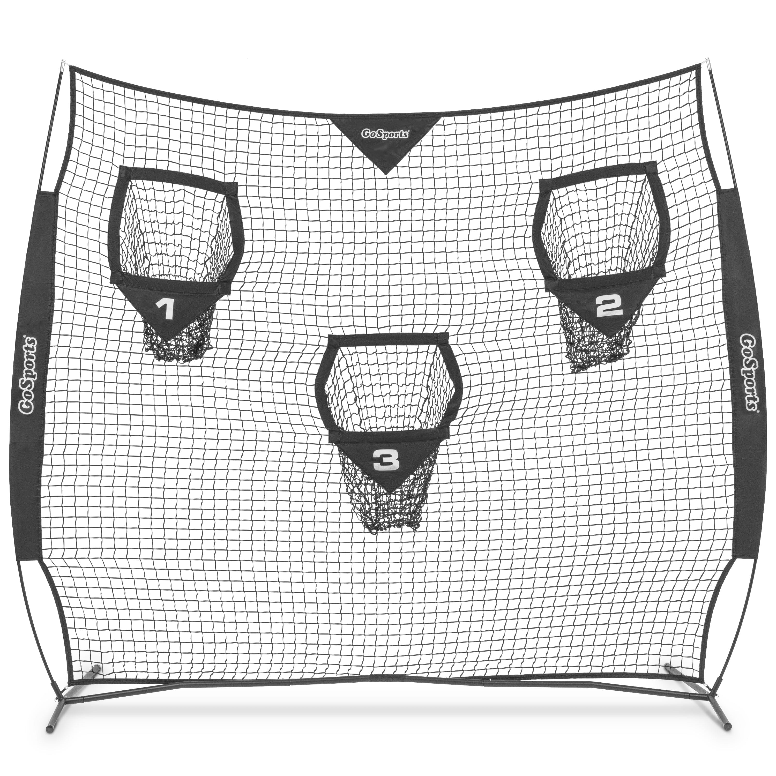 the baseball batting net with three baseballs