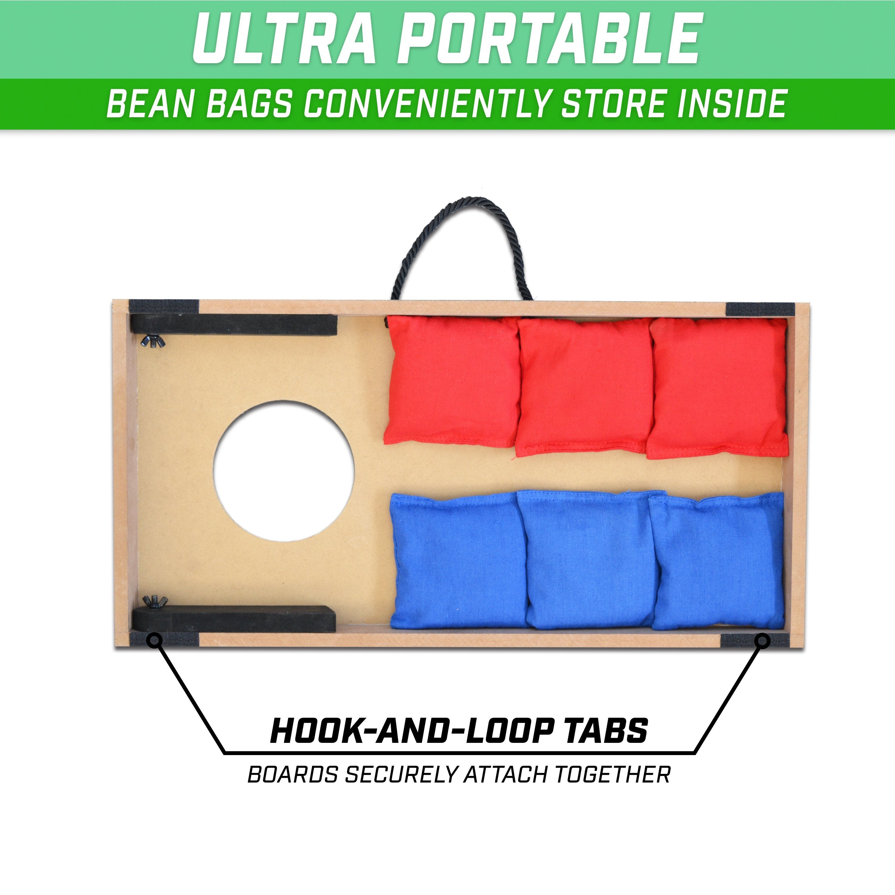 a cardboard box with a red and blue bag inside