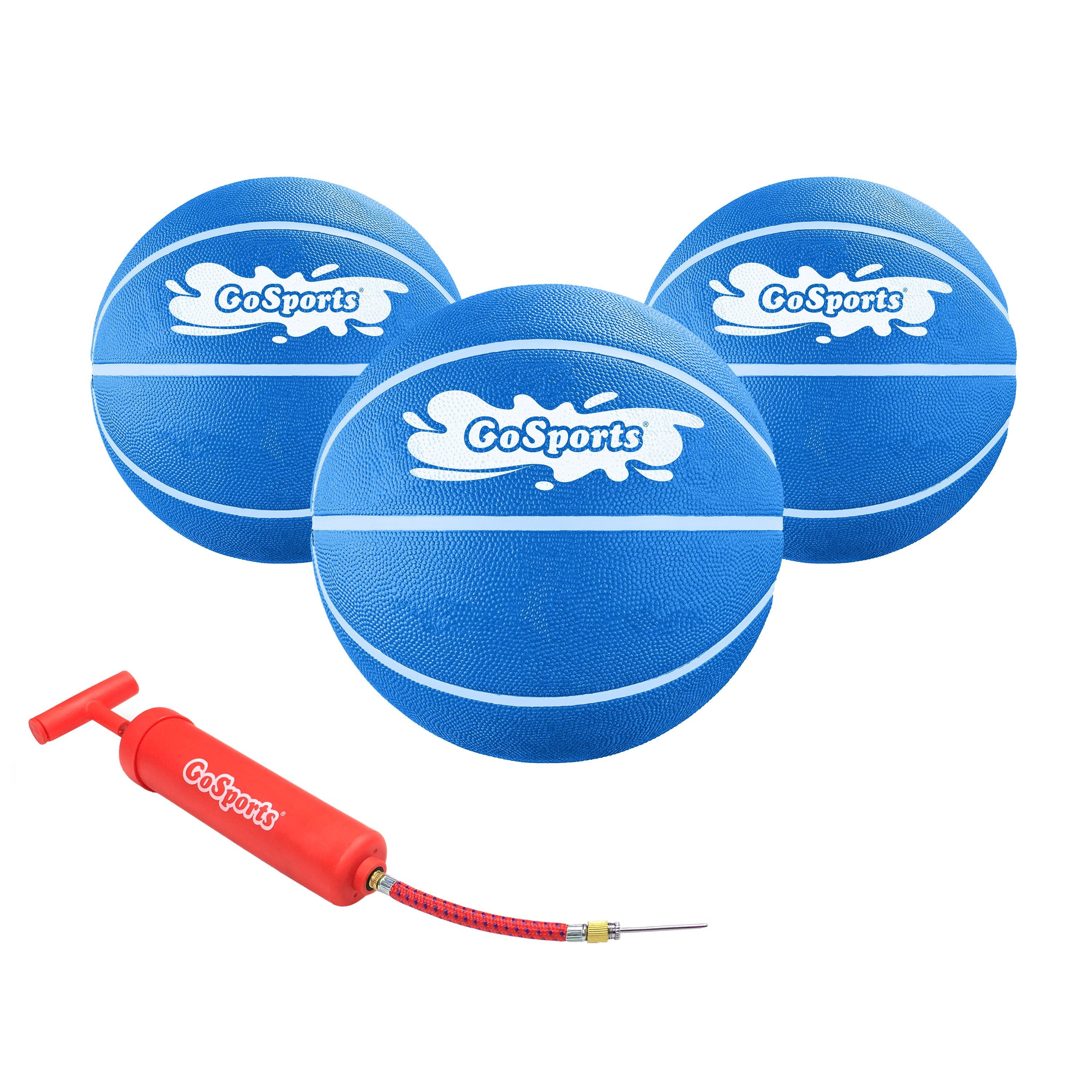 three blue basketball balls with a red air pump