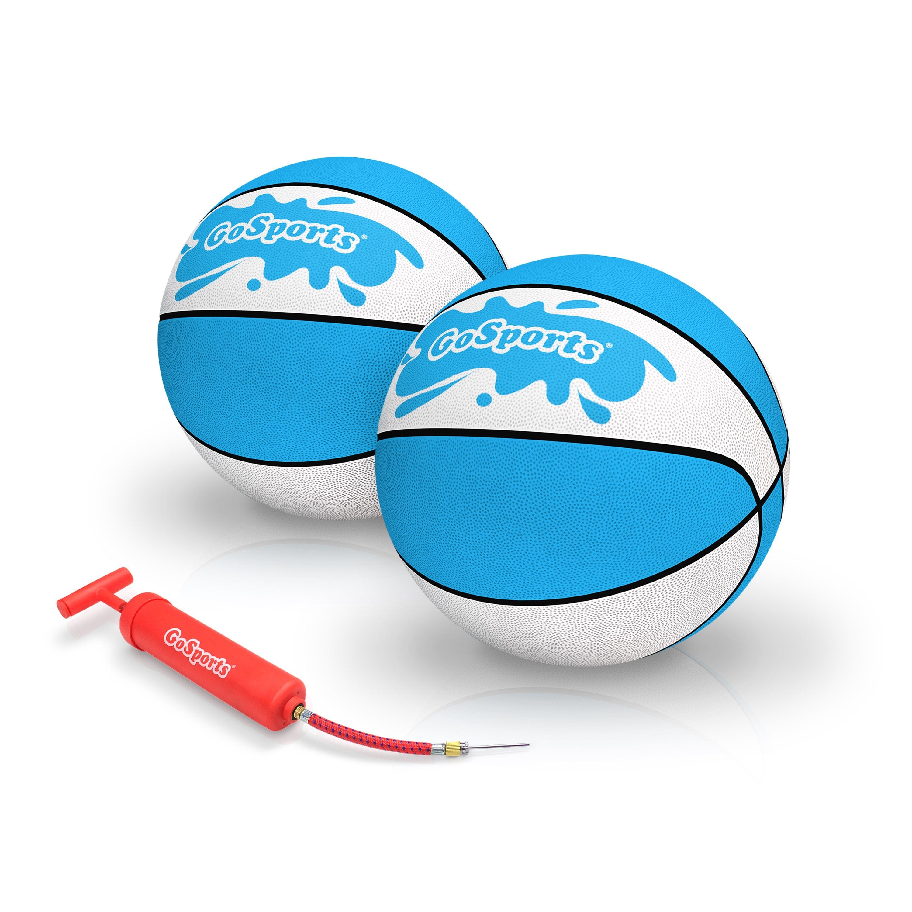 two blue and white basketball balls with a red cord