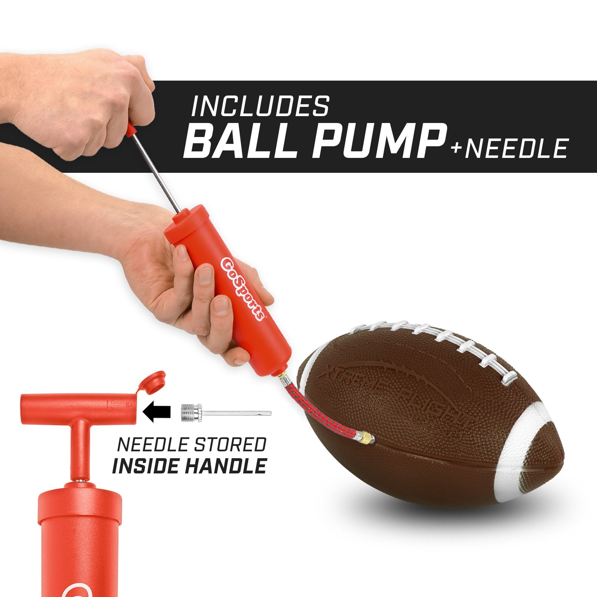 a hand holding a football and a red ball