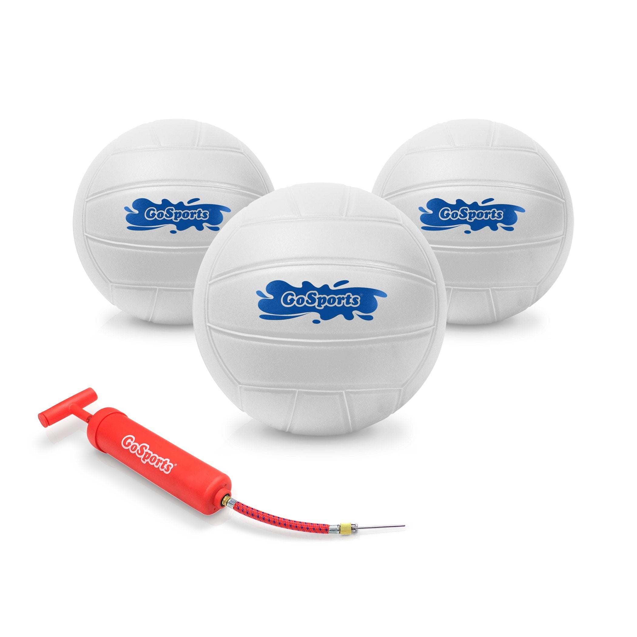 three white volleyball balls with a red whistle