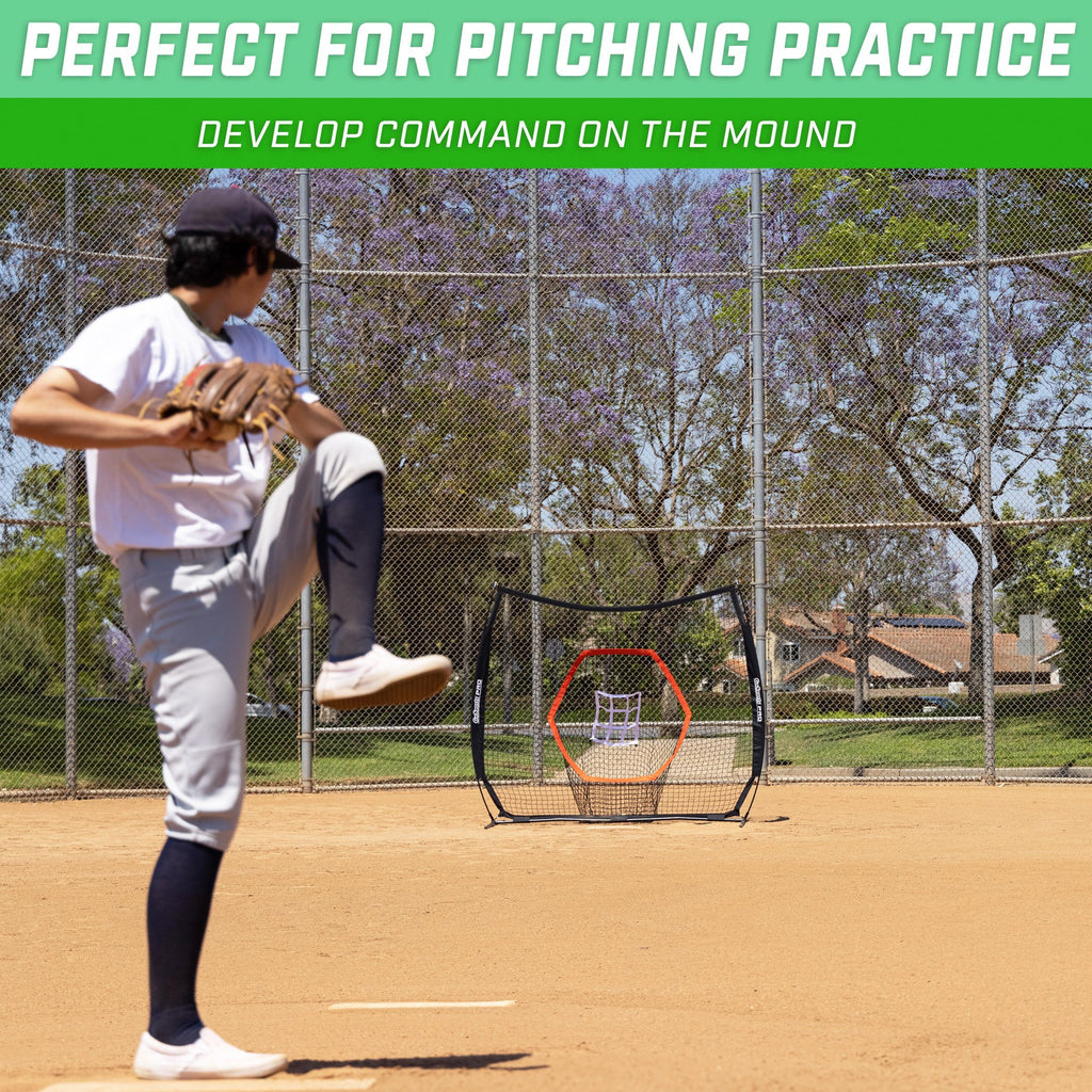 GoSports 7’x7’ PRO Baseball & Softball Practice Hitting & Pitching Net with Bow Type Frame, Carry Case and Bonus Strike Zone, Ultimate Training Net Baseball playgosports.com 