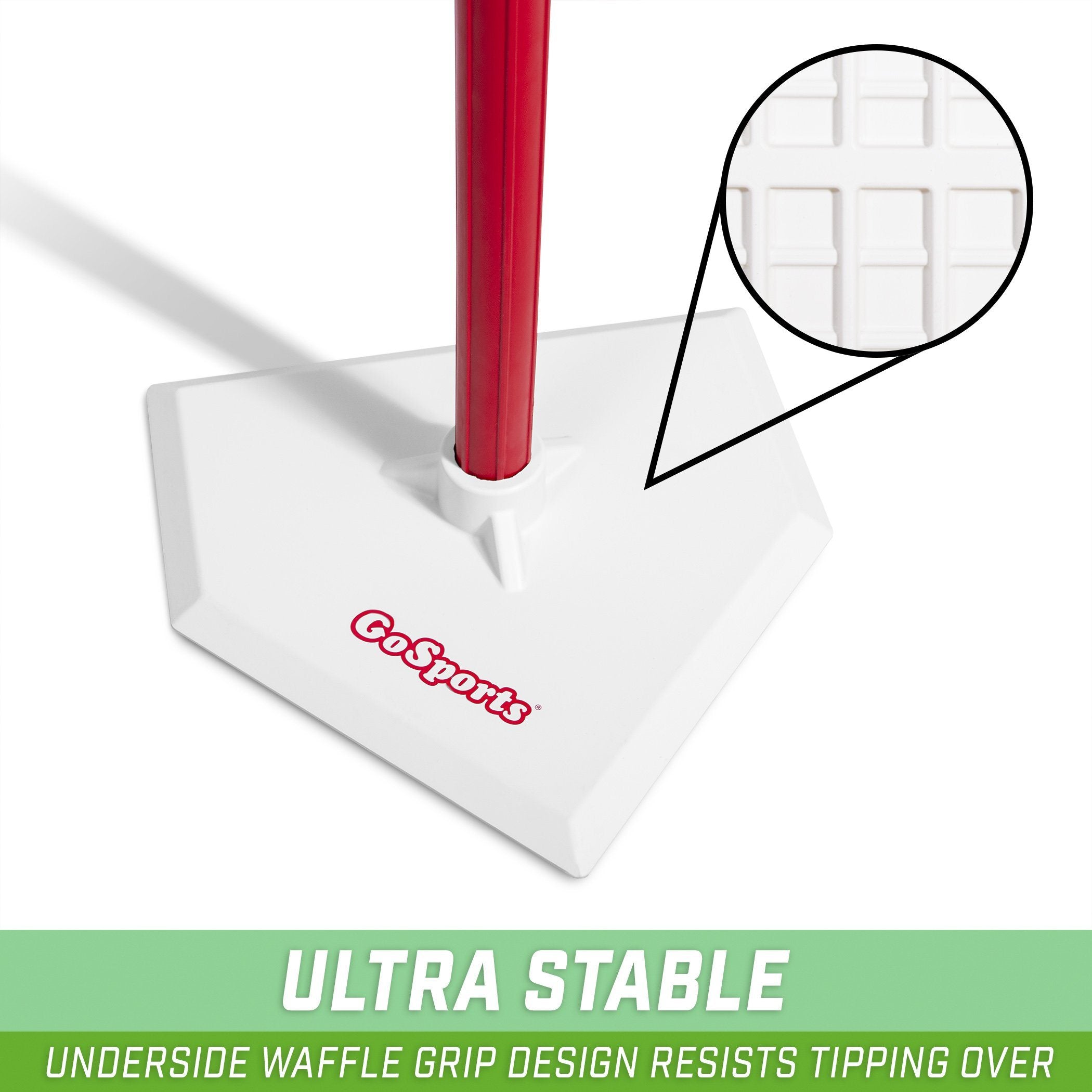 a white umbrella with a red handle and a white umbrella stand