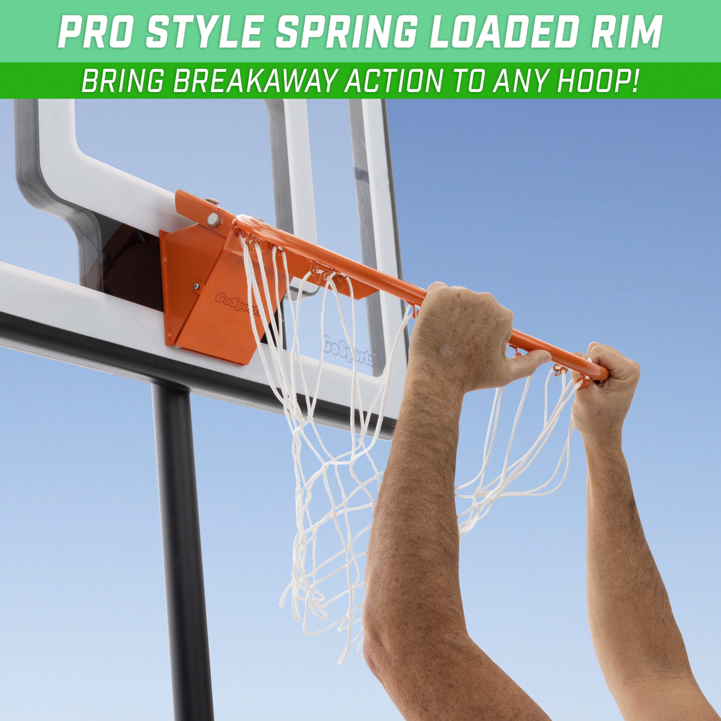 a man is holding a basketball hoop with the words pro style spring loaded