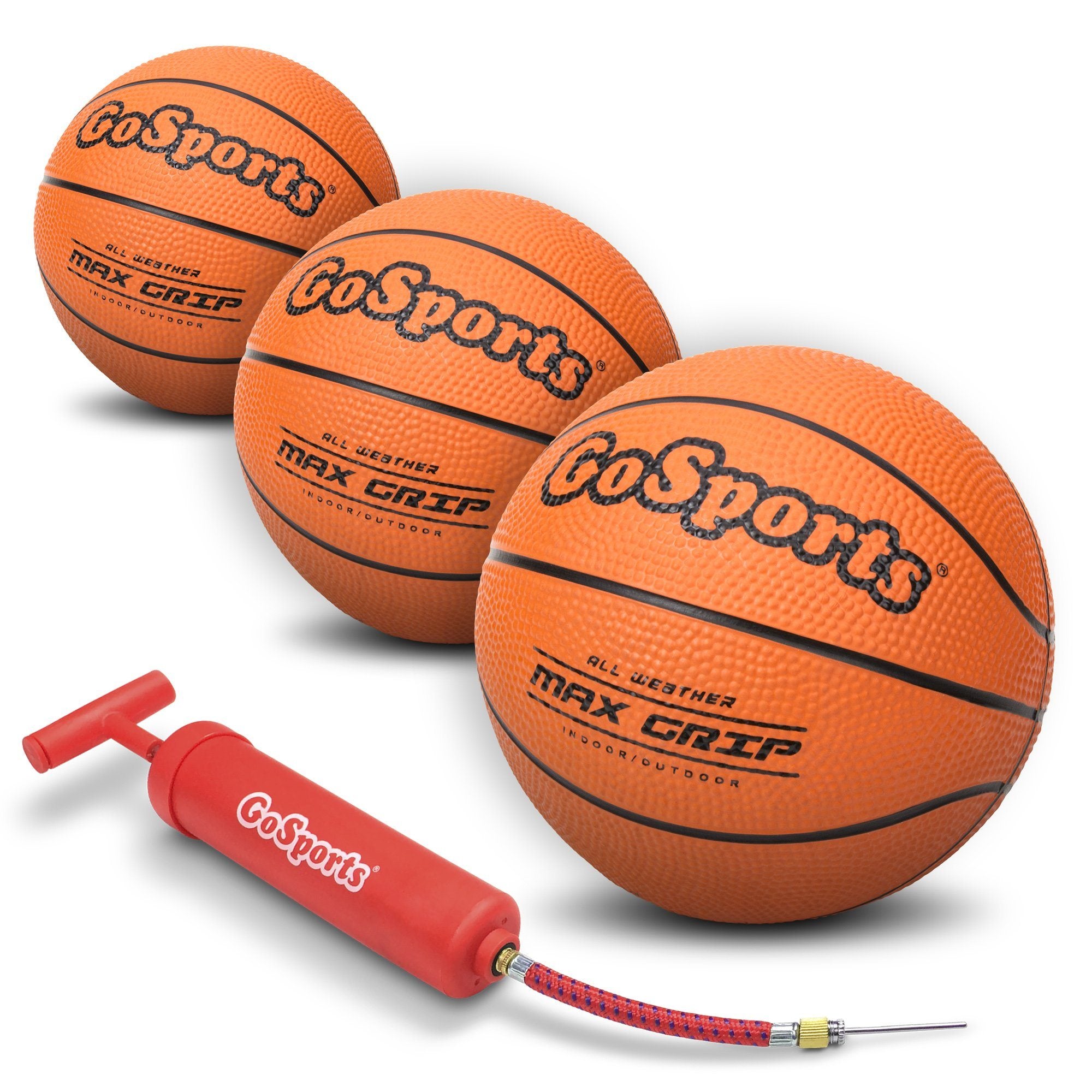 three basketball balls with red air pump