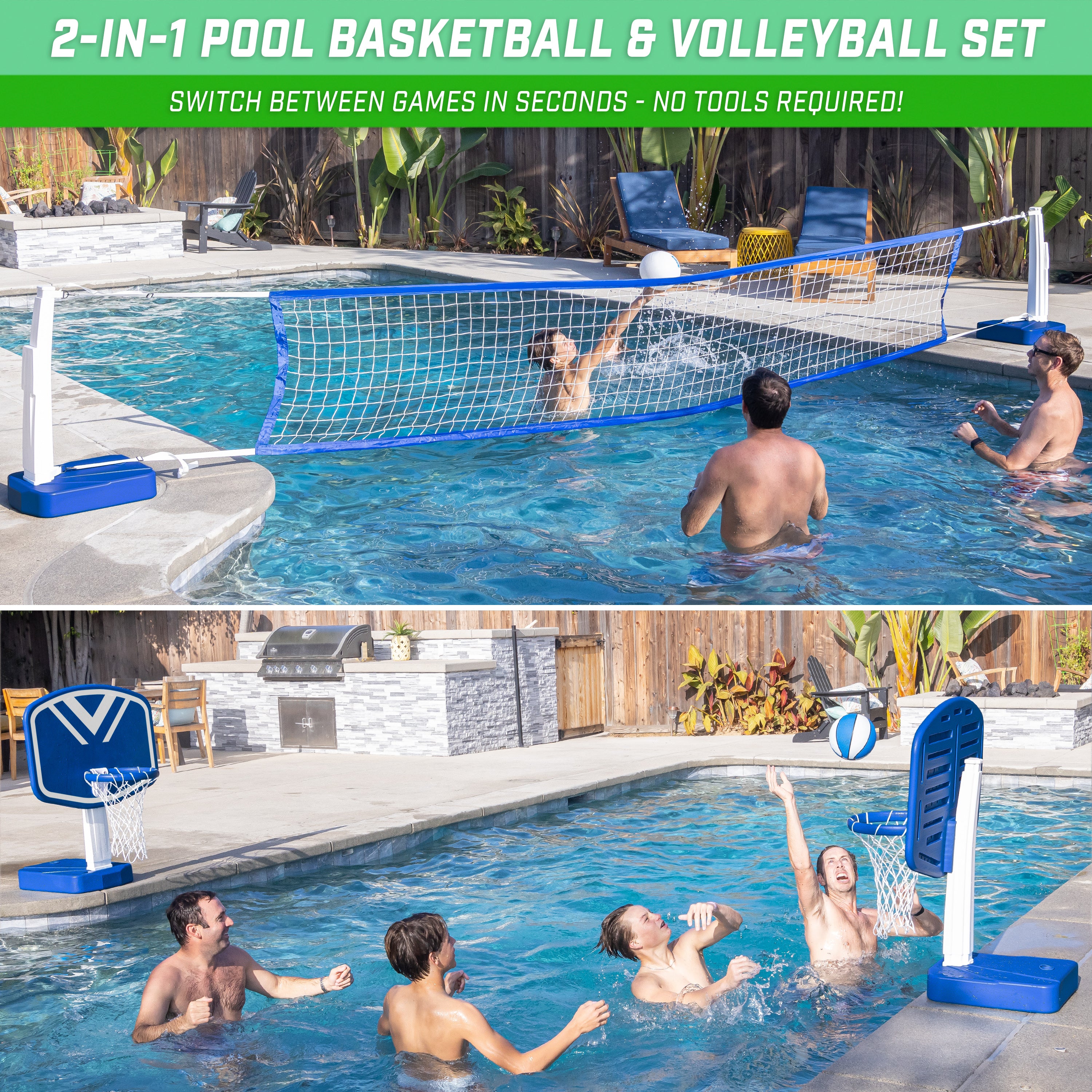 a couple of people playing volleyball in a pool